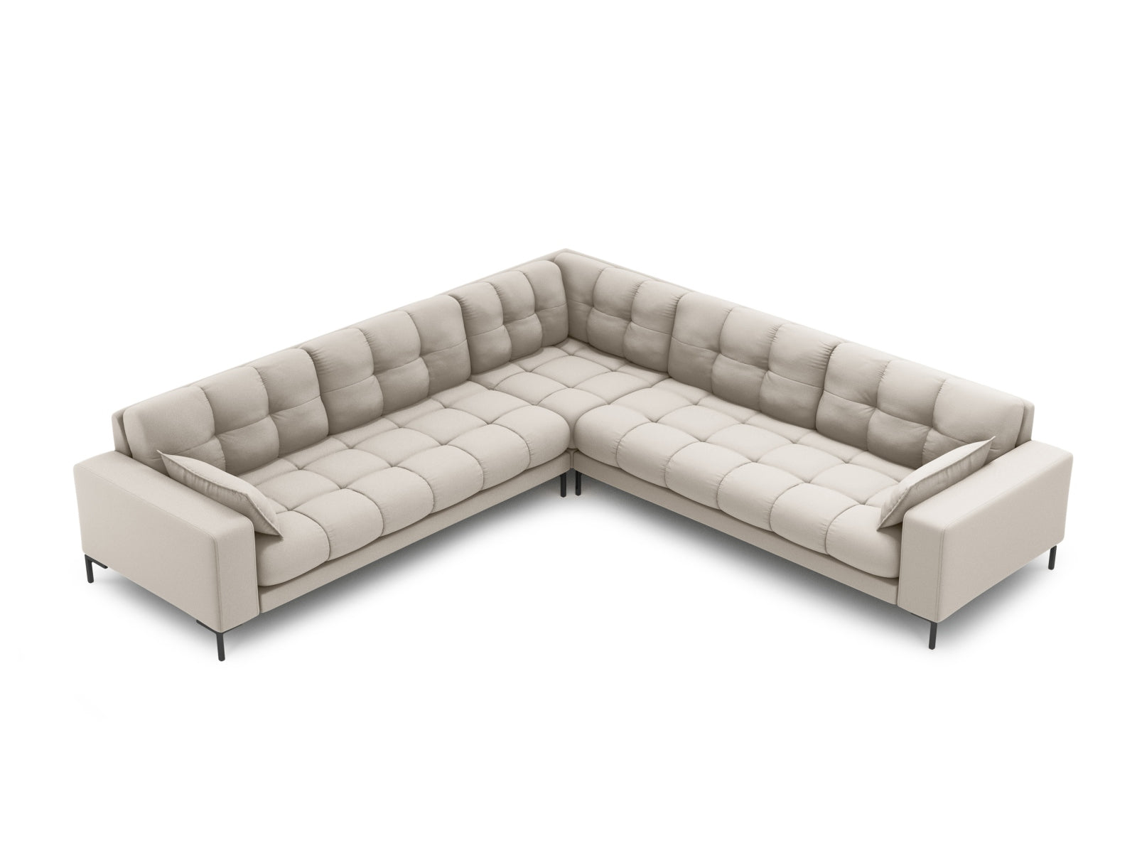 Beige und schwarzes Mamaia Symmetrical Ecksofa für 6 Personen, stilvoll und modern, ideal für jedes Wohnzimmer.