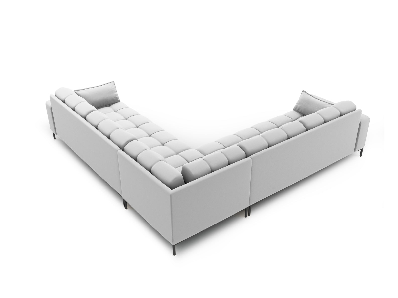 Stylisches Mamaia Ecksofa für 6 Personen in zeitgemäßem Design, kombiniert Hellgrau und Schwarz für ein modernes Ambiente.