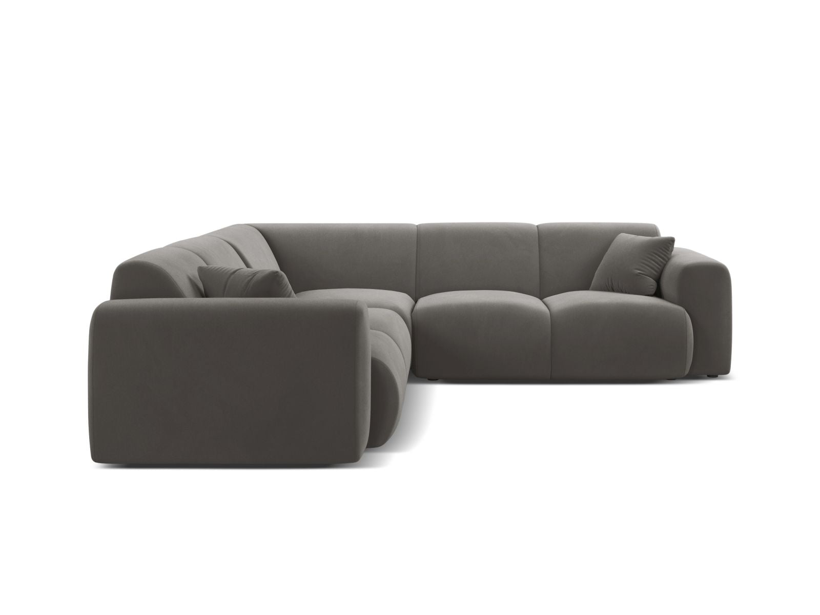 Elegantes Molino Velour Ecksofa in Grau, 5-Sitzer mit symmetrischem Design, ideal für stilvolle Wohnräume.