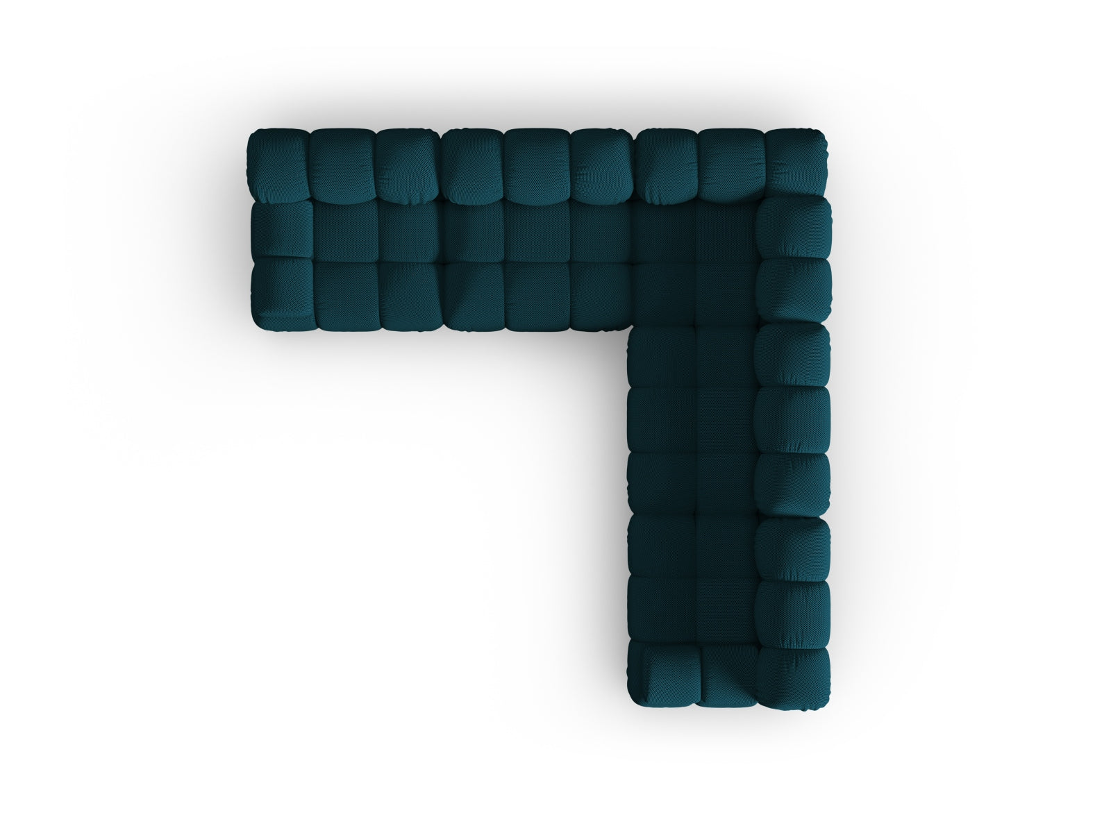 Elegantes Bellis Ecksofa in Blau, 5-Sitzer mit symmetrischem Design, ideal für stilvolle Wohnräume und gesellige Abende.