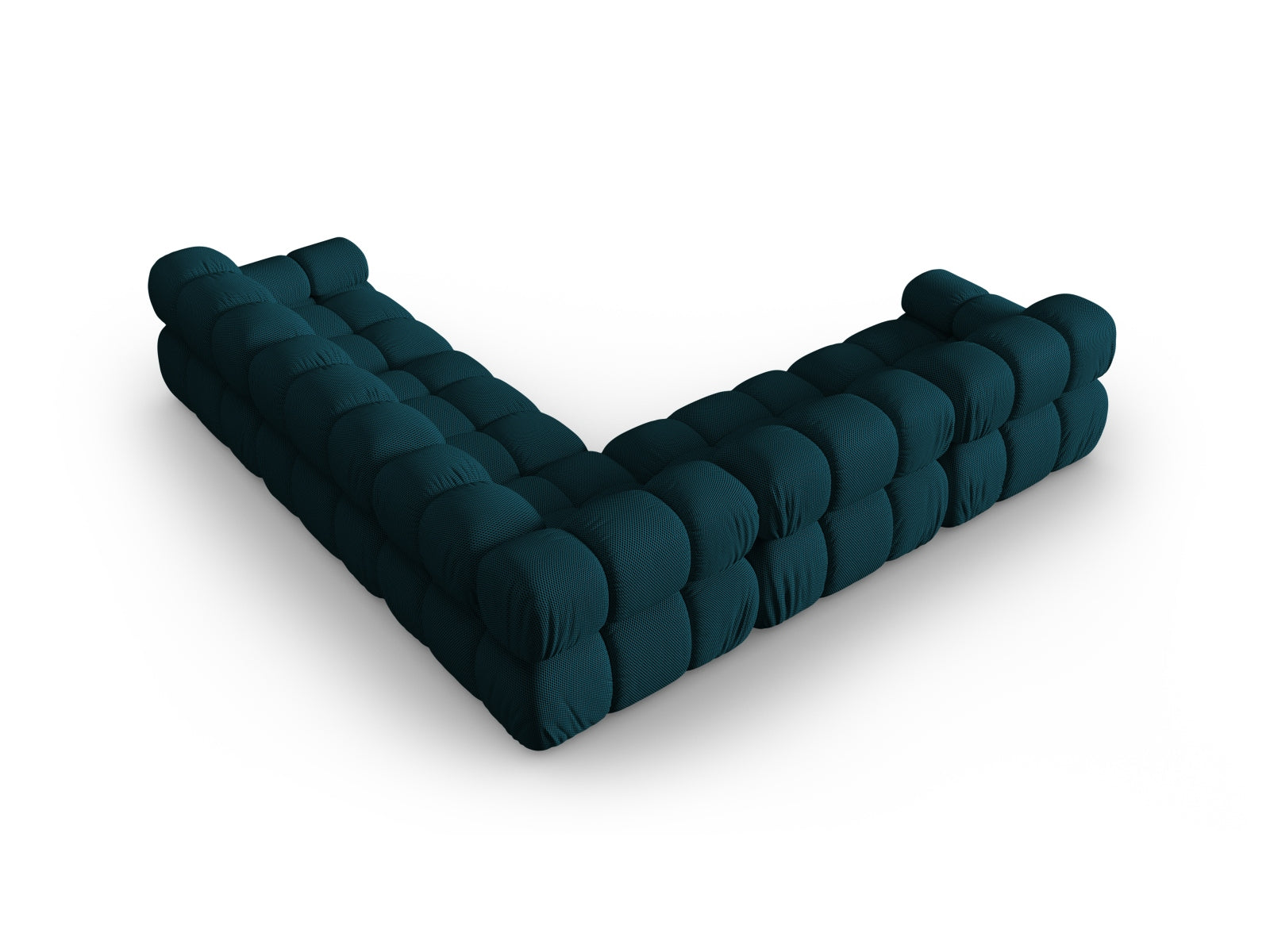 Modernes Bellis Ecksofa in stilvollem Blau, 5-Sitzer mit symmetrischer Form, perfekt für gemütliche Zusammenkünfte und elegantes Wohnen.