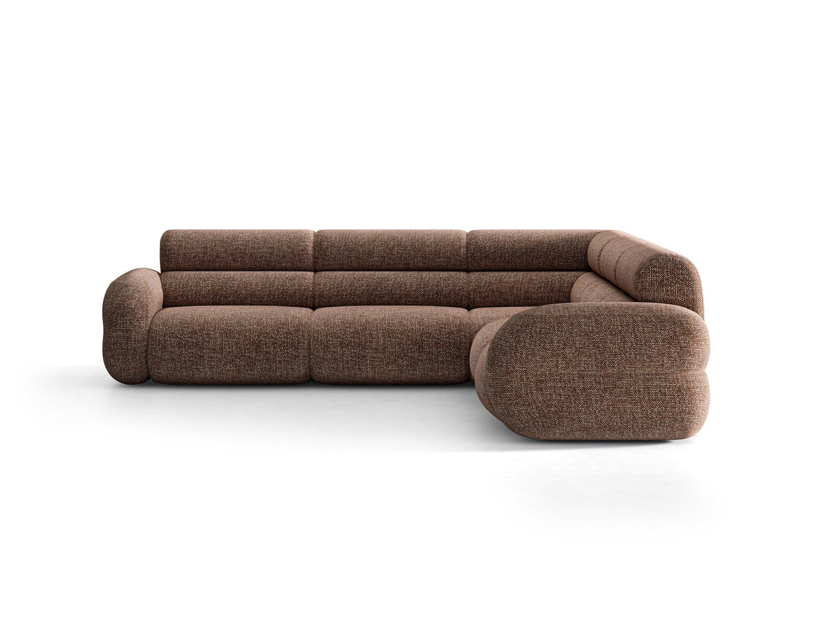 Dunkelolivgrünes modulares Ecksofa Neo von Micadoni mit Bouclé-Stoff, tiefem Sitz und hoher Rückenlehne, symmetrische Eckform.