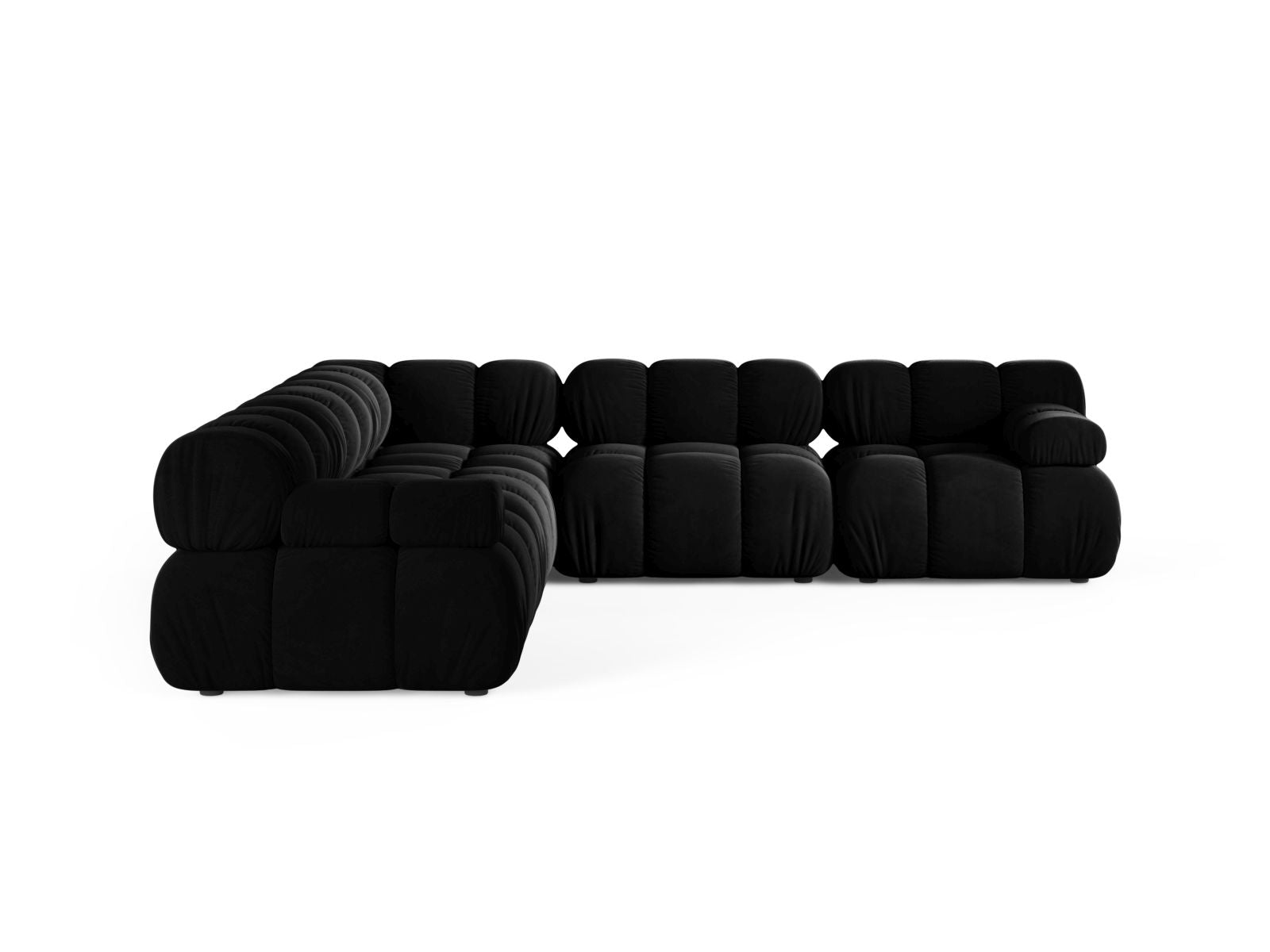 Elegantes 5-Sitzer Ecksofa Symmetric Bellis in stilvollem Schwarz, ideal für moderne Wohnräume und gemütliche Abende.