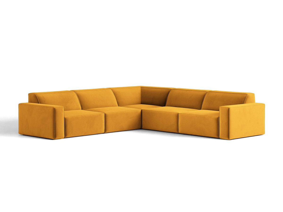 Symmetrisches modulares Ecksofa Jodie von Micadoni in leichtem Beige mit Venus-Samtstoff und schwarzen Kunststoffbeinen, Eckform.