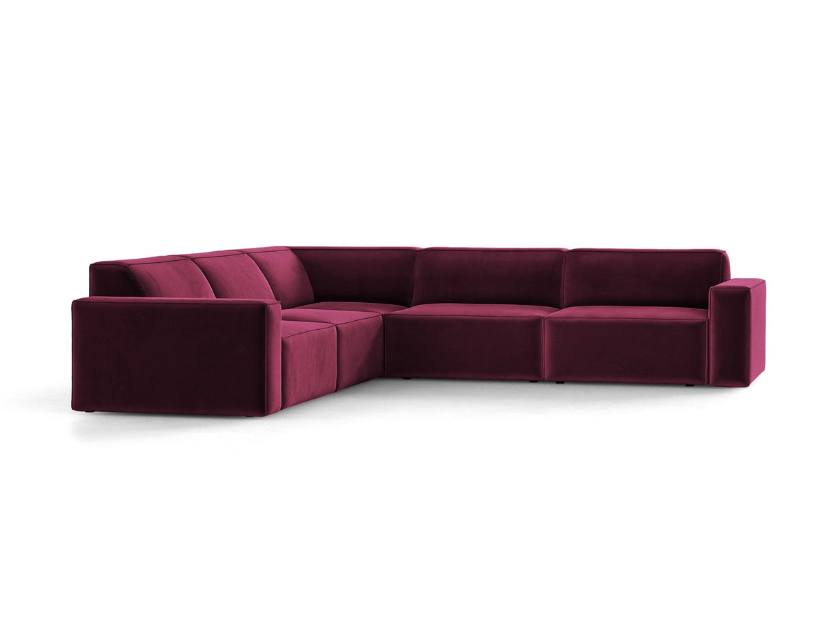 Symmetrisches modulares Ecksofa Jodie von Micadoni in leichtem Beige mit Venus-Samtstoff und schwarzen Kunststoffbeinen, Eckform.