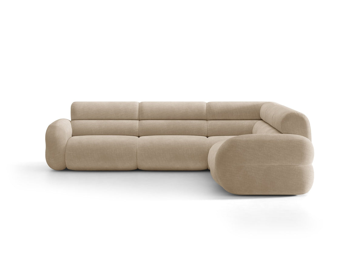 Dunkelolivgrünes modulares Ecksofa Neo von Micadoni mit Bouclé-Stoff, tiefem Sitz und hoher Rückenlehne, symmetrische Eckform.