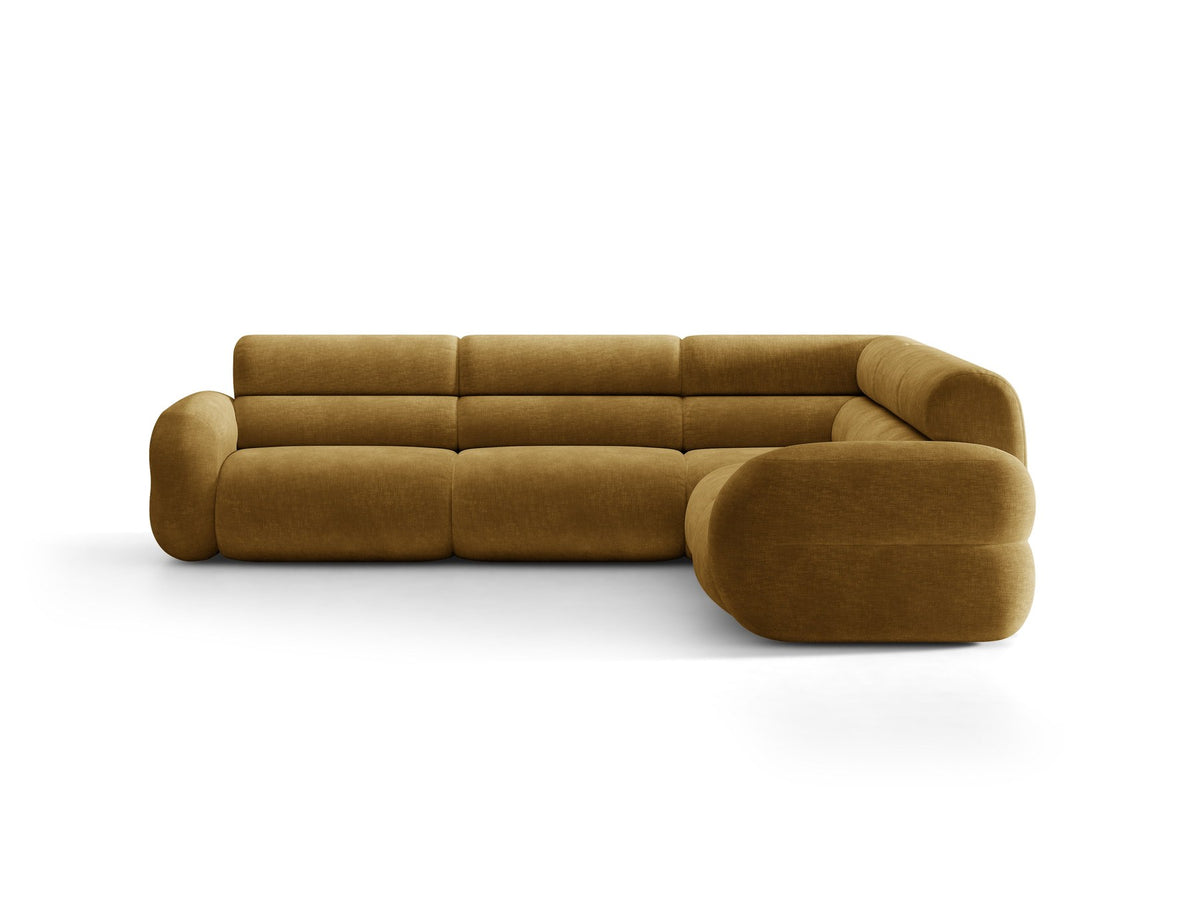 Dunkelolivgrünes modulares Ecksofa Neo von Micadoni mit Bouclé-Stoff, tiefem Sitz und hoher Rückenlehne, symmetrische Eckform.