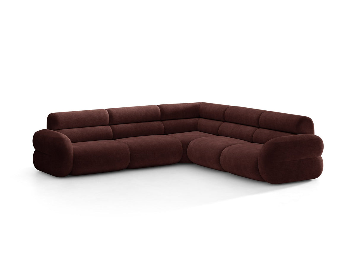 Dunkelolivgrünes modulares Ecksofa Neo von Micadoni mit Bouclé-Stoff, tiefem Sitz und hoher Rückenlehne, symmetrische Eckform.