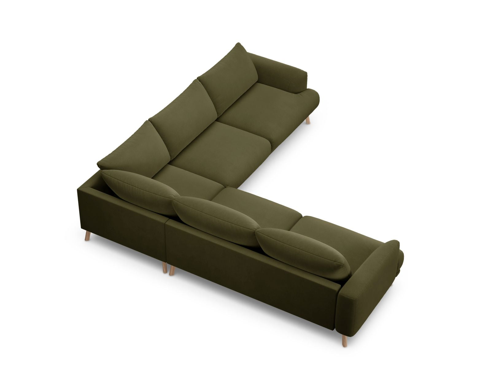 Elegantes 5-Sitzer Ecksofa Symmetric Naomi in frischem Grün, ideal für gemütliche Abende und stilvolle Wohnräume.
