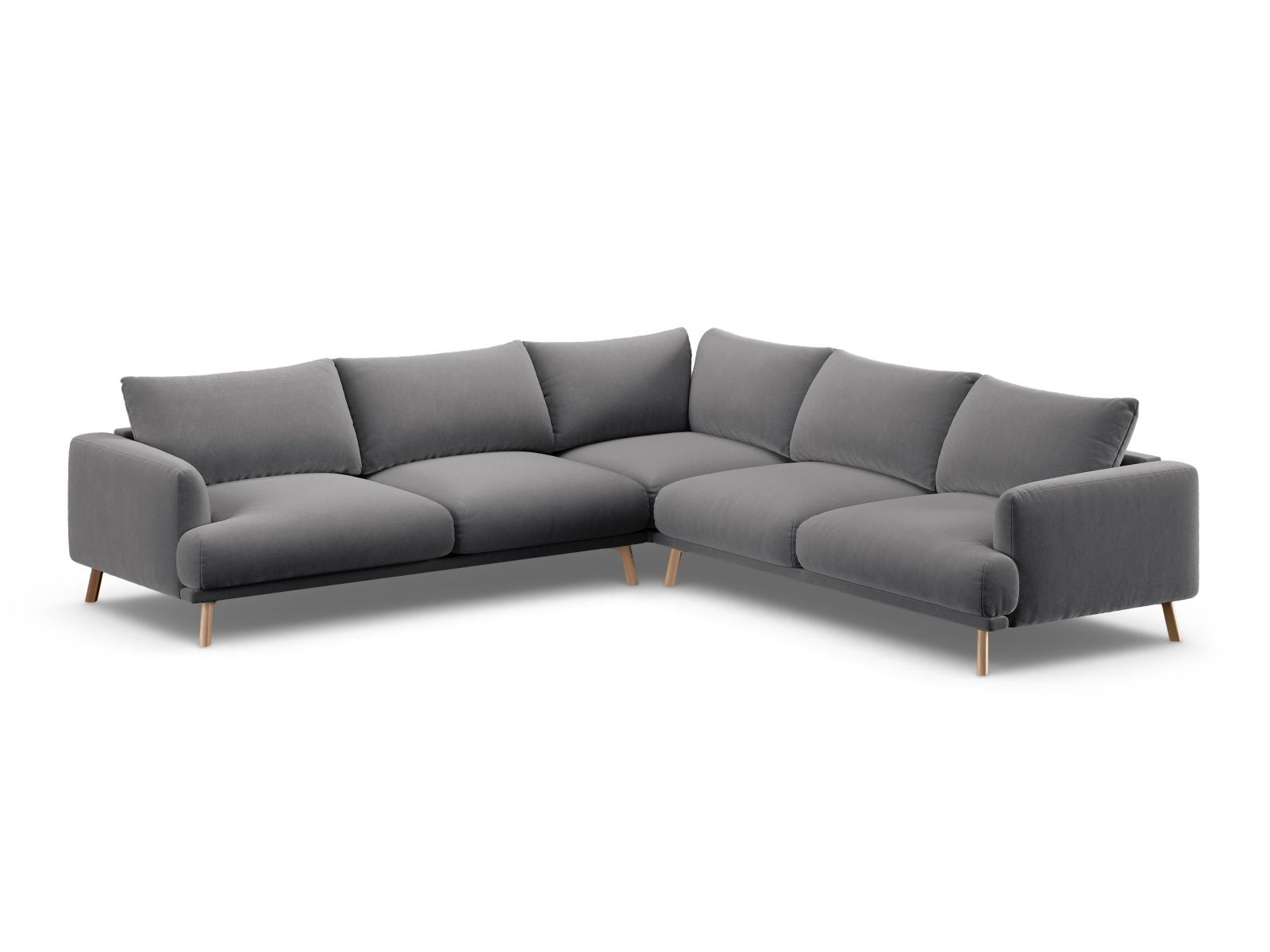 Elegantes 5-Sitzer Ecksofa Symmetric Naomi in stilvollem Grau, ideal für moderne Wohnräume und gemütliche Abende.