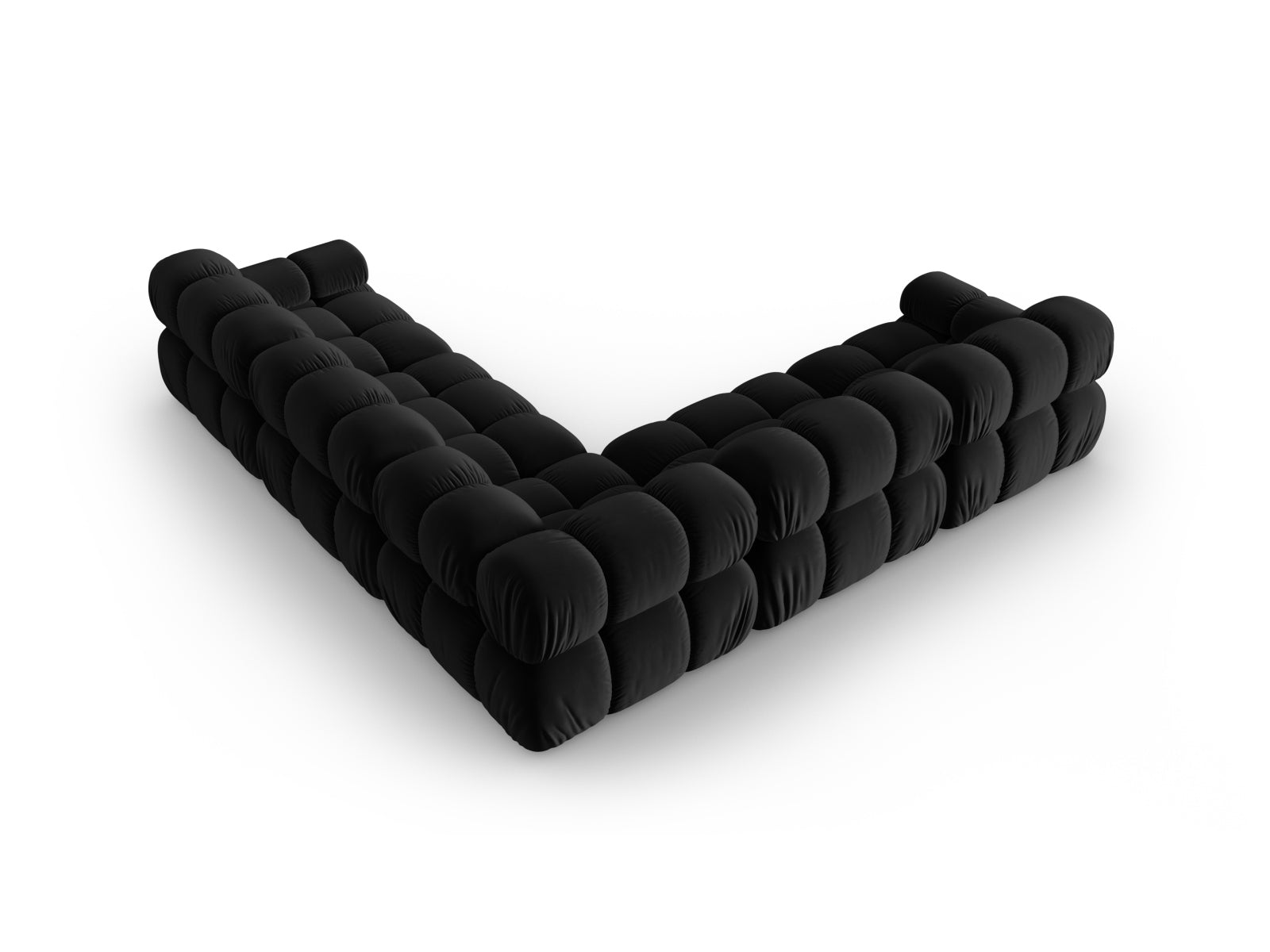 Modernes Bellis Velour Ecksofa in Schwarz-Bluvel, bietet Platz für 5 Personen und vereint Komfort mit zeitgemäßem Design.