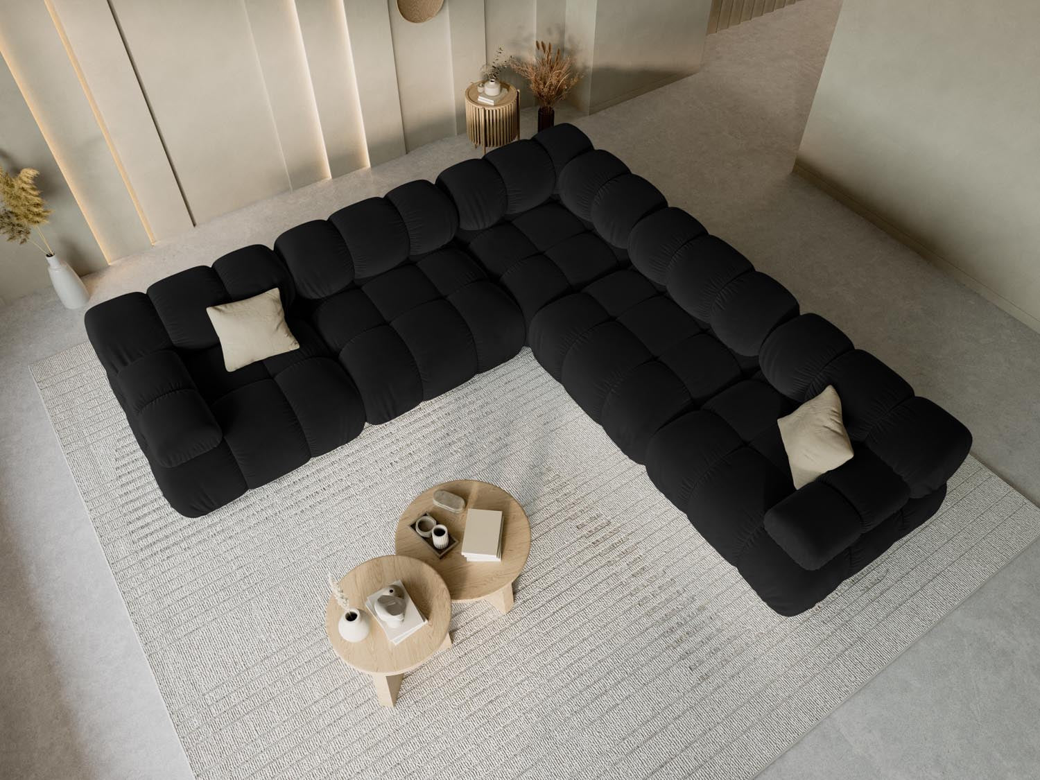 Elegantes Bellis Velour Ecksofa in Schwarz-Bluvel, 5-Sitzer, 282 cm, ideal für stilvolle Wohnräume, präsentiert von Micadoni.