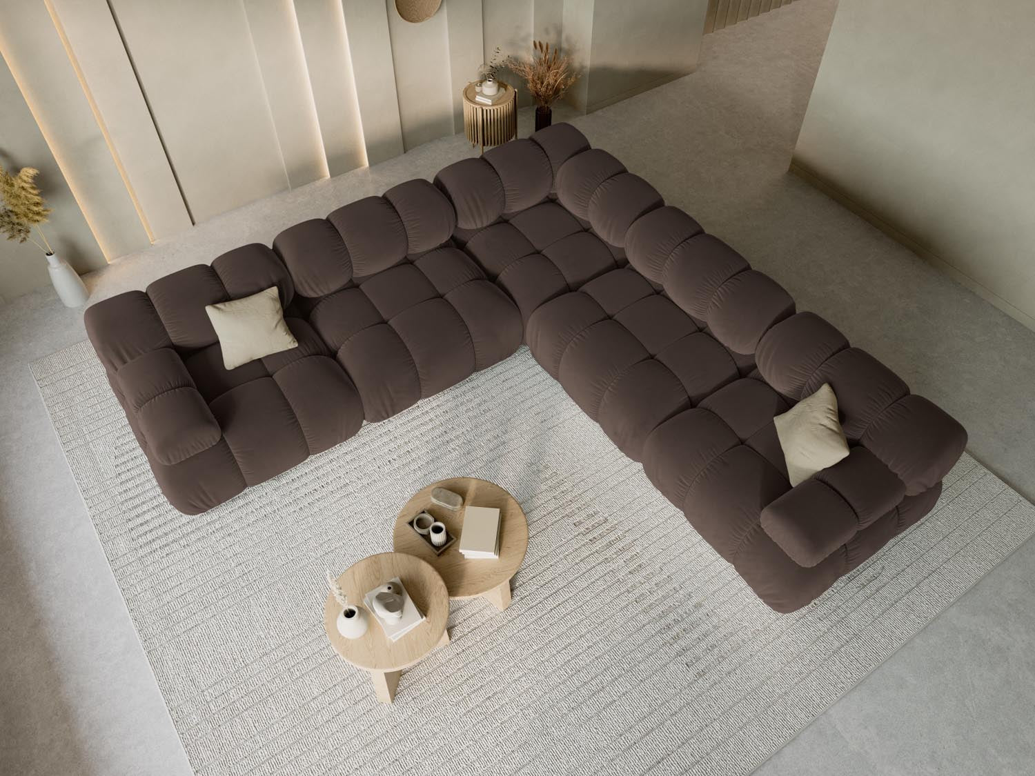 Elegantes Bellis Velour Ecksofa in Dunkelbraun, 5-Sitzer, 282 cm, ideal für stilvolle Wohnräume, präsentiert von Micadoni.