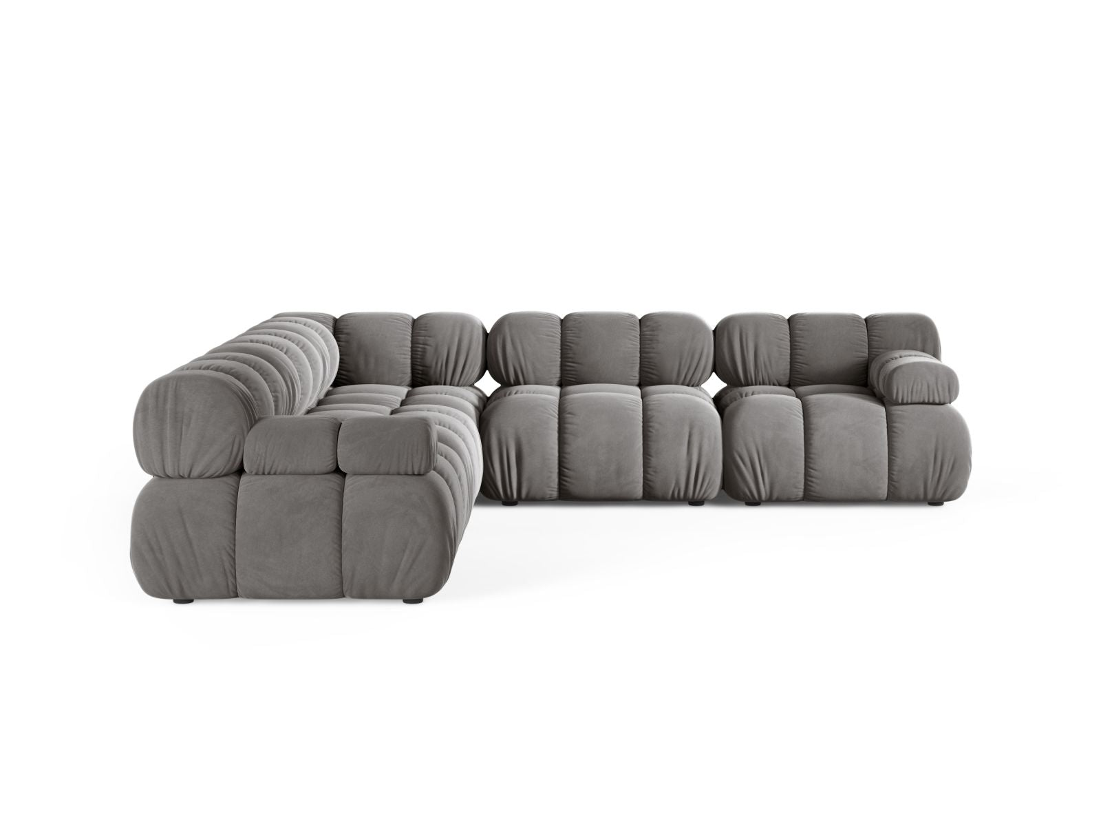 Elegantes Bellis Velour Ecksofa in symmetrischer Form, 5-Sitzer, 282 cm, in sanftem Hellgrau, ideal für stilvolle Wohnräume.