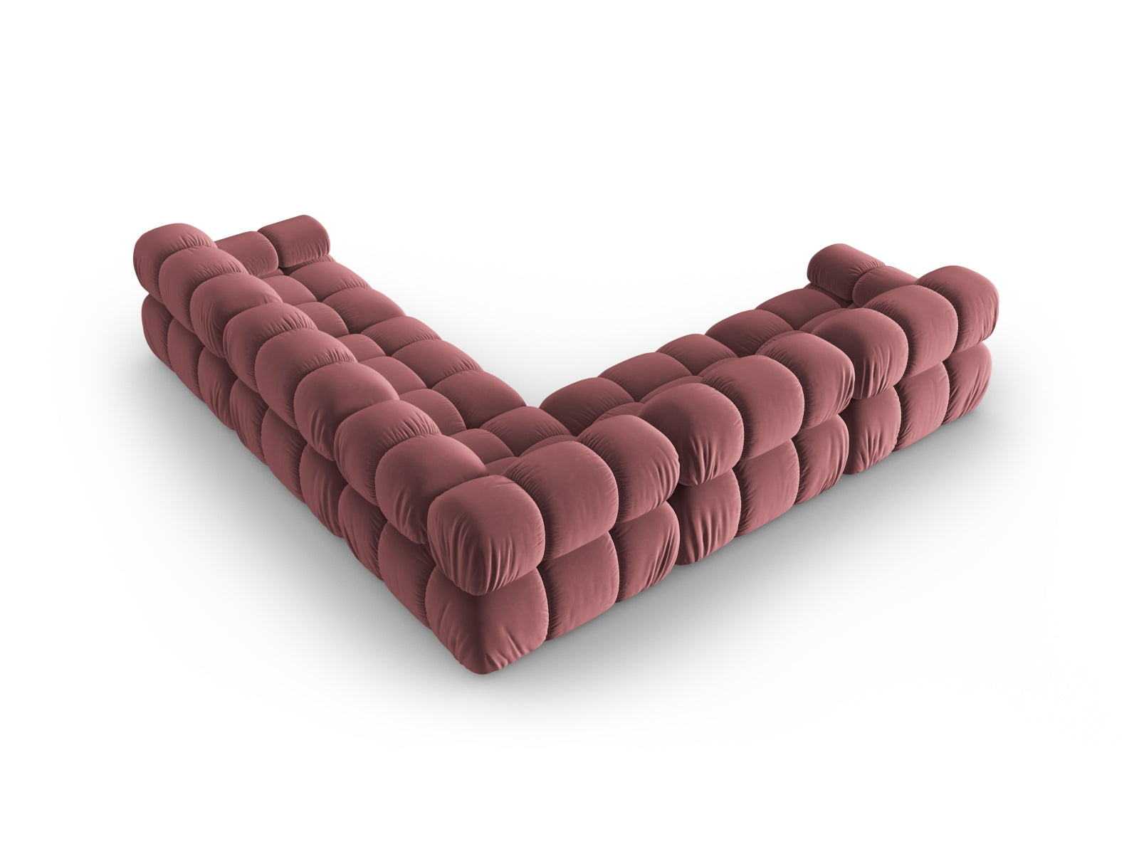 Stylisches Bellis Velour Ecksofa in symmetrischer Form, perfekt für moderne Wohnzimmer und gesellige Abende mit Freunden.