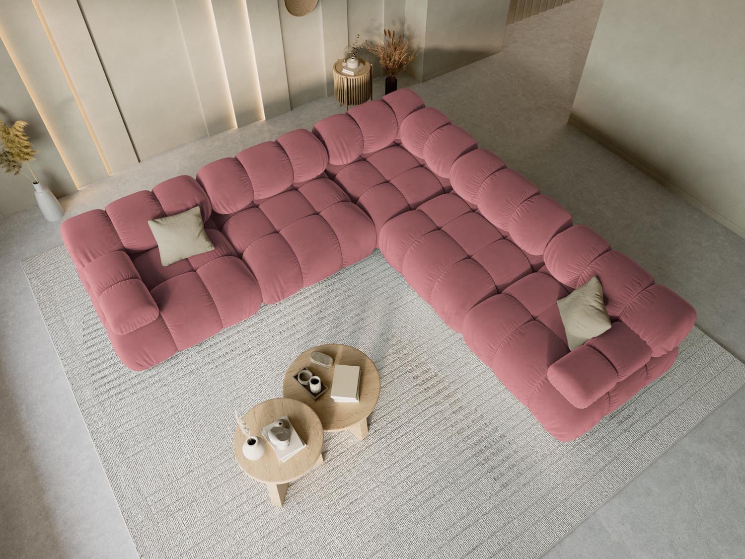 Elegantes Bellis Velour Ecksofa in sanften Pink- und Blautönen, ideal für stilvolle Wohnräume und gemütliche Abende.