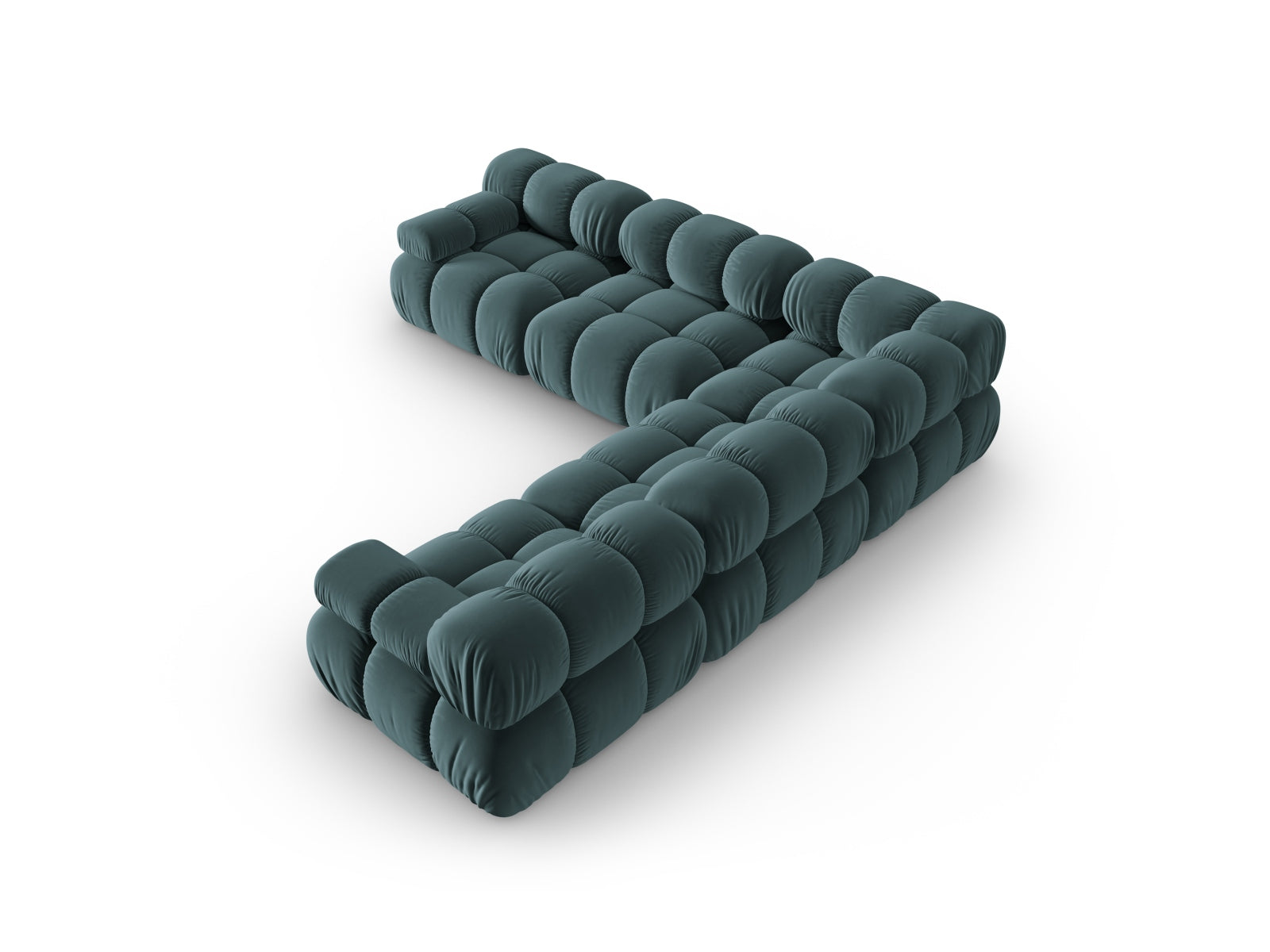 Stylisches Bellis Velour Ecksofa in Türkis, 5-Sitzer mit symmetrischer Form, perfekt für moderne und gemütliche Wohnbereiche.