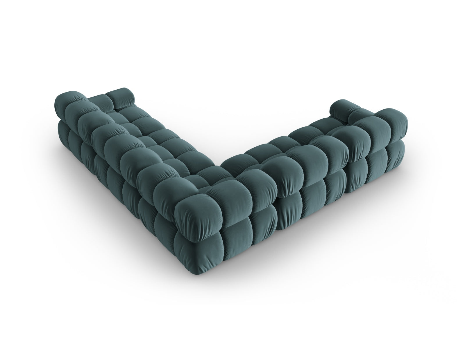 Stylisches Bellis Velour Ecksofa in Türkis, 5-Sitzer mit symmetrischer Form, perfekt für moderne und gemütliche Wohnambiente.