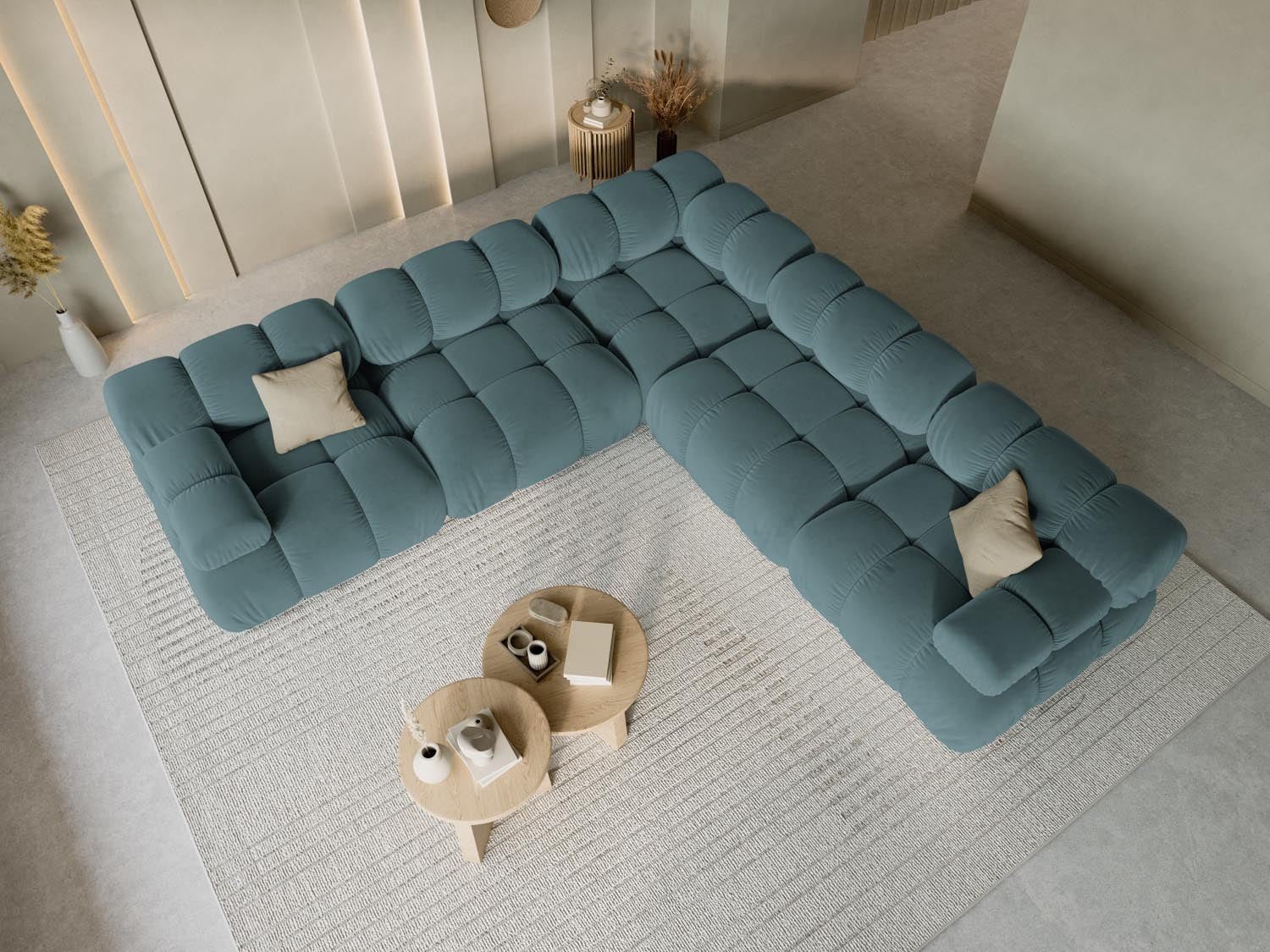 Elegantes Bellis Velour Ecksofa in Türkis, 5-Sitzer mit symmetrischem Design, ideal für stilvolle Wohnräume.