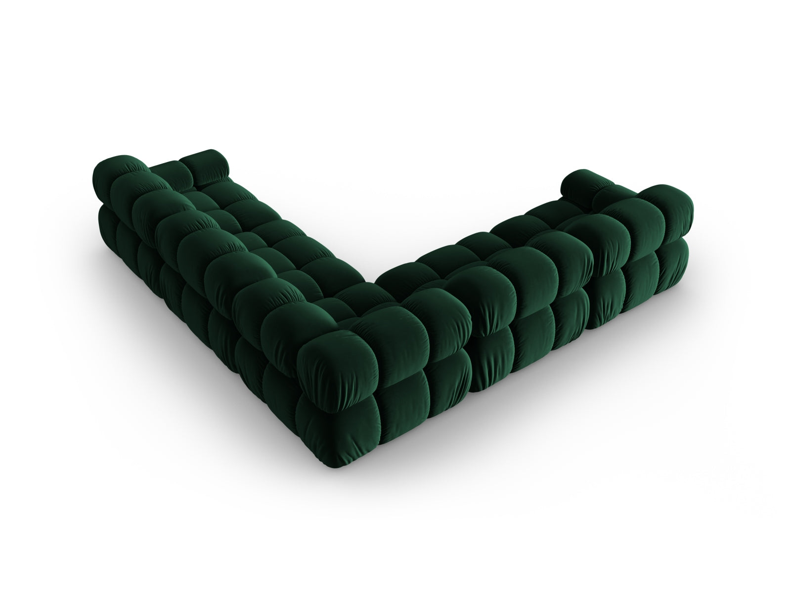 Modernes Bellis Velour Ecksofa in edlem Flaschengrün, großzügig gestaltet für 5 Personen, perfekt für gemütliche und stilvolle Wohnzimmer.