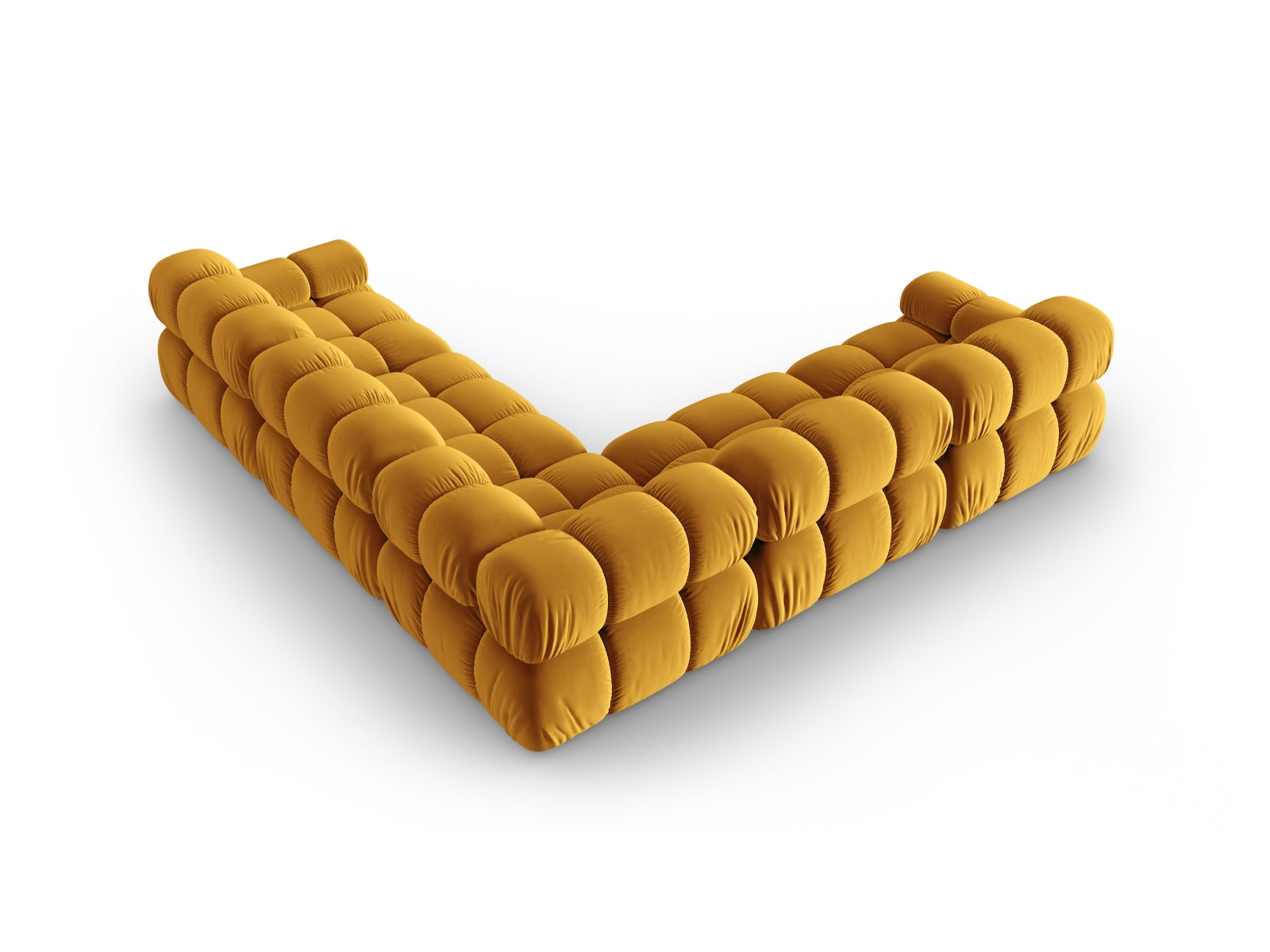 Modernes Bellis Velour Ecksofa in sanften Gelbtönen, großzügiger 5-Sitzer mit 282 cm, perfekt für gemütliche und stilvolle Wohnzimmer.