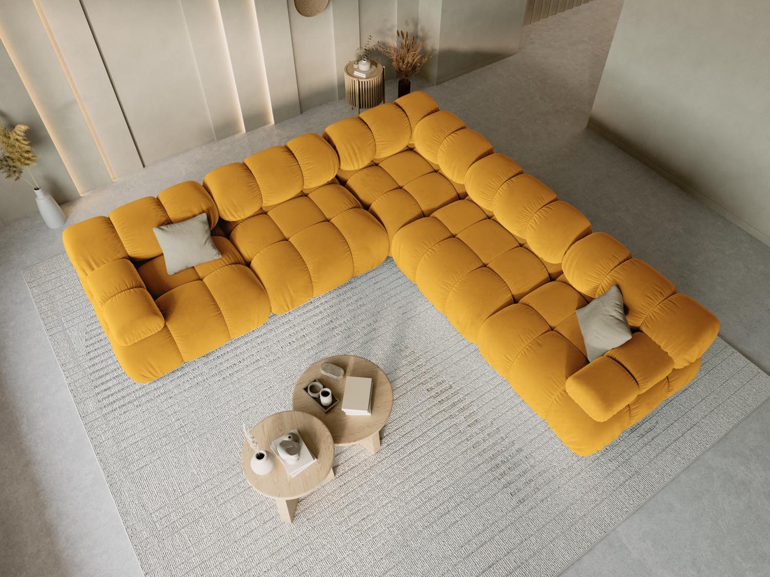 Elegantes Bellis Velour Ecksofa in Gelb-Blau, 5-Sitzer, 282 cm, ideal für stilvolle Wohnräume, präsentiert von Micadoni.