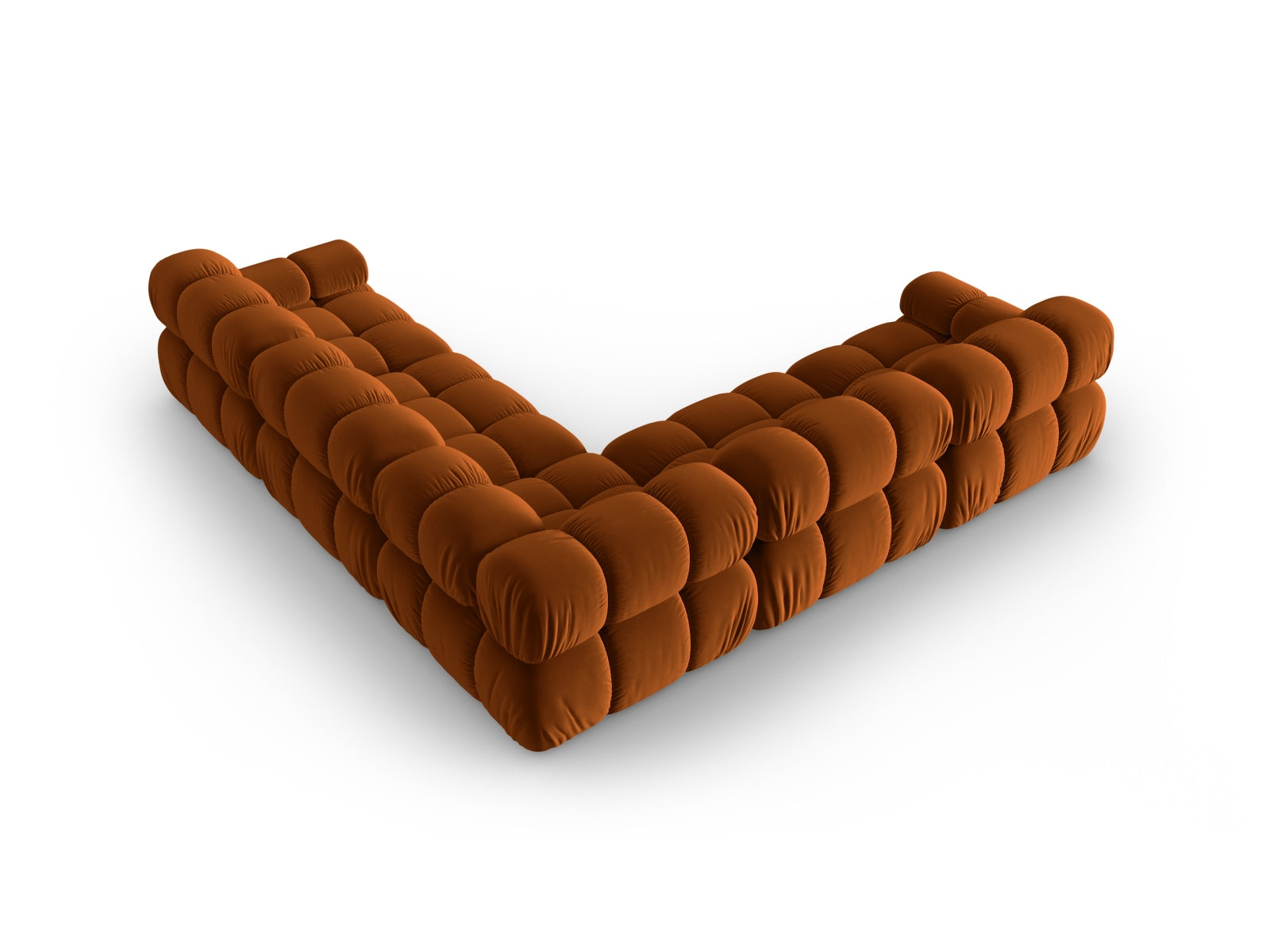 Modernes Bellis Velour Ecksofa in warmem Terracotta, großzügig für 5 Personen, perfekt für gemütliche und stilvolle Wohnzimmer.