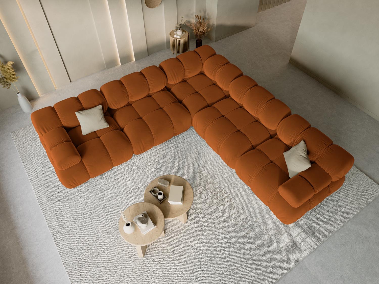 Elegantes Bellis Velour Ecksofa in Terracotta, 5-Sitzer, 282 cm, ideal für stilvolle Wohnräume, präsentiert von Micadoni.