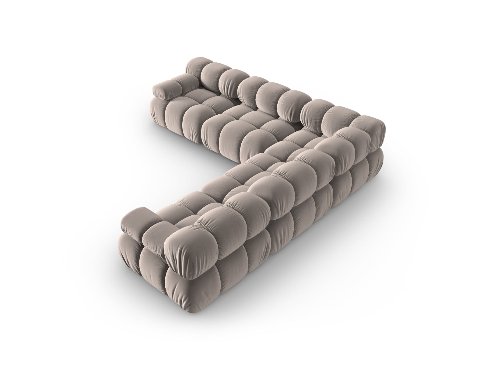 Modernes Bellis Velour Ecksofa in sanftem Cappuccino, großzügiges 5-Sitzer Design mit symmetrischer Form, perfekt für gemütliche Wohnzimmer.