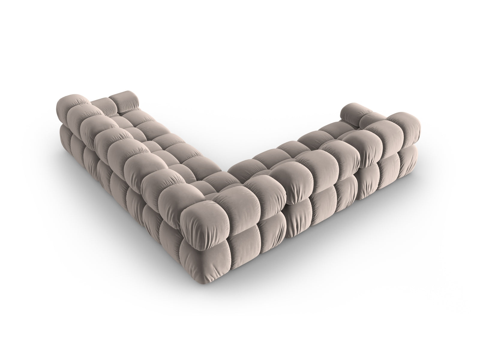 Modernes Bellis Velour Ecksofa in sanftem Cappuccino, bietet Platz für 5 Personen und verleiht jedem Raum eine gemütliche Atmosphäre.