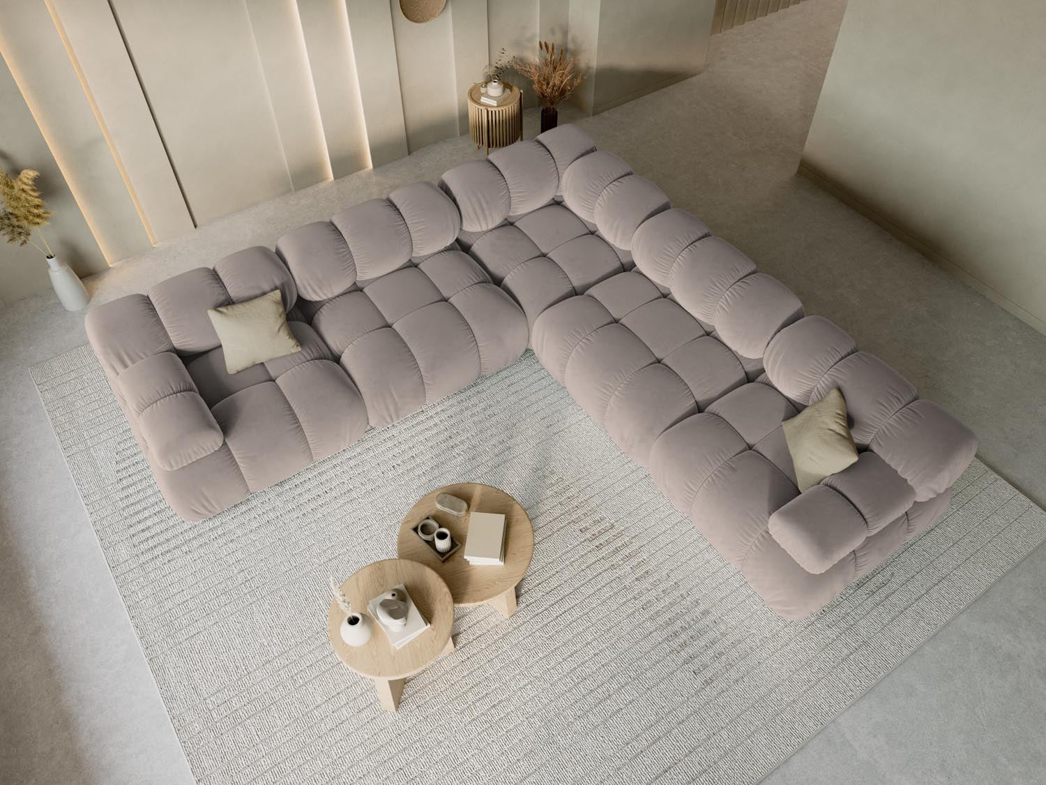 Elegantes Bellis Velour Ecksofa in Cappuccino-Bluvel, ideal für stilvolle Wohnräume. 5-Sitzer mit symmetrischem Design und 282 cm.