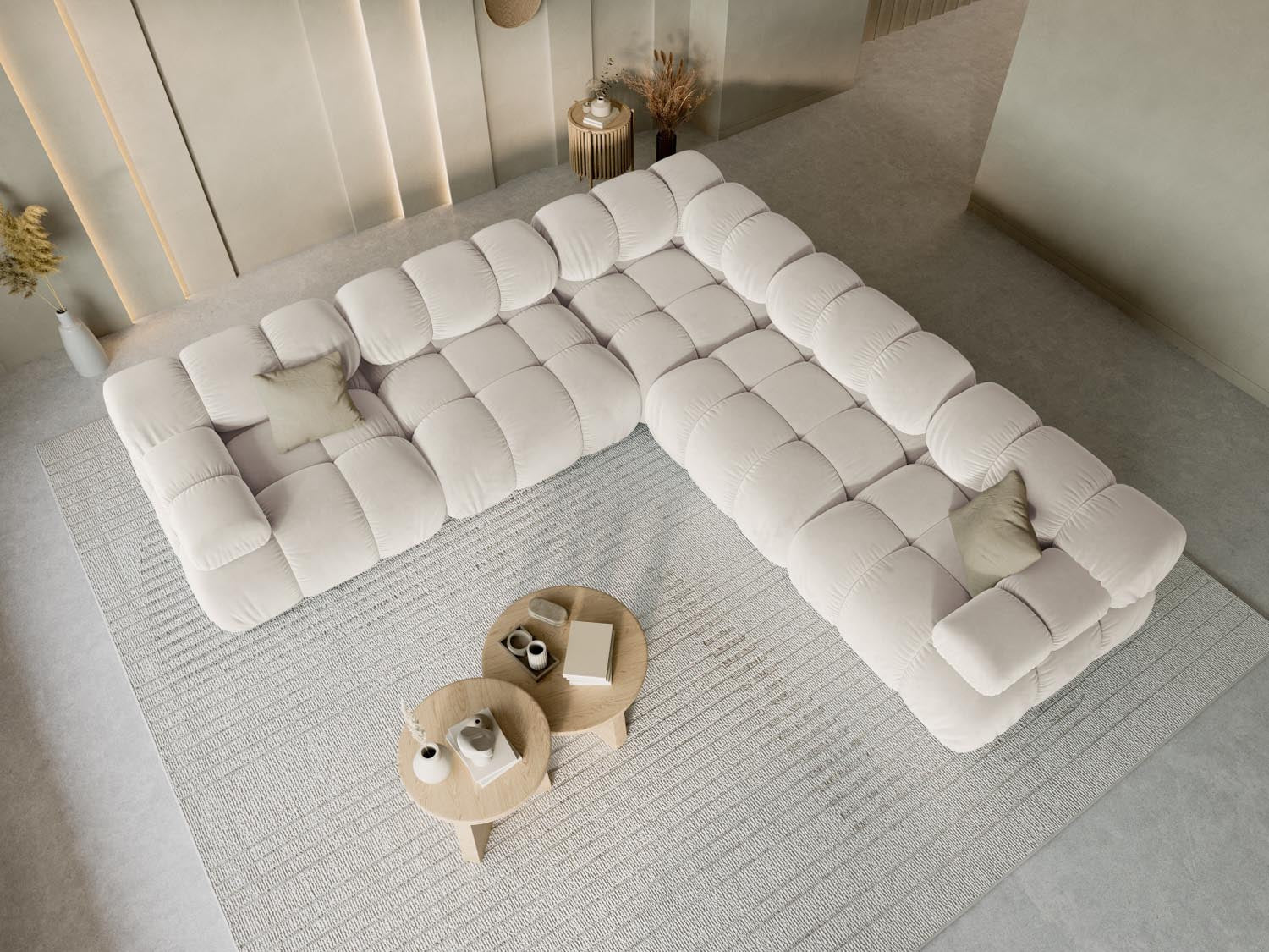 Elegantes Bellis Velour Ecksofa in Dunkelbeige, 5-Sitzer, 282 cm, ideal für stilvolle Wohnräume, präsentiert von Micadoni.