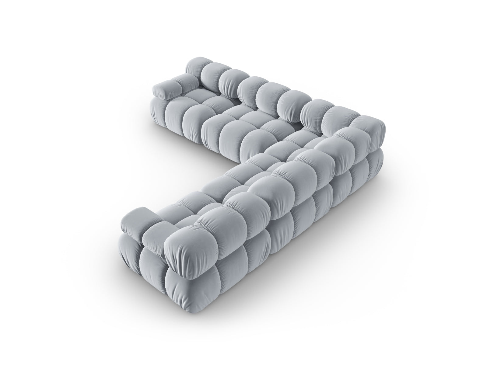 Modernes Bellis Velour Ecksofa in zartem Hellblau, perfekt für gemütliche Abende, bietet großzügigen Platz für fünf Personen.