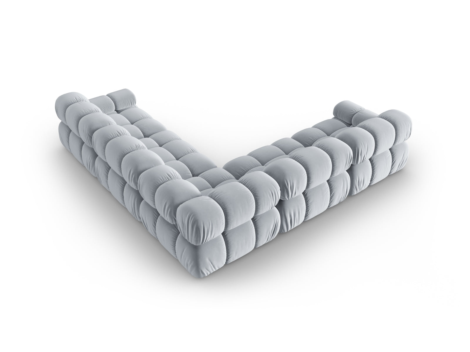 Modernes Bellis Velour Ecksofa in zartem Hellblau, perfekt für gemütliche Wohnzimmer, bietet Platz für fünf Personen und stilvollen Komfort.