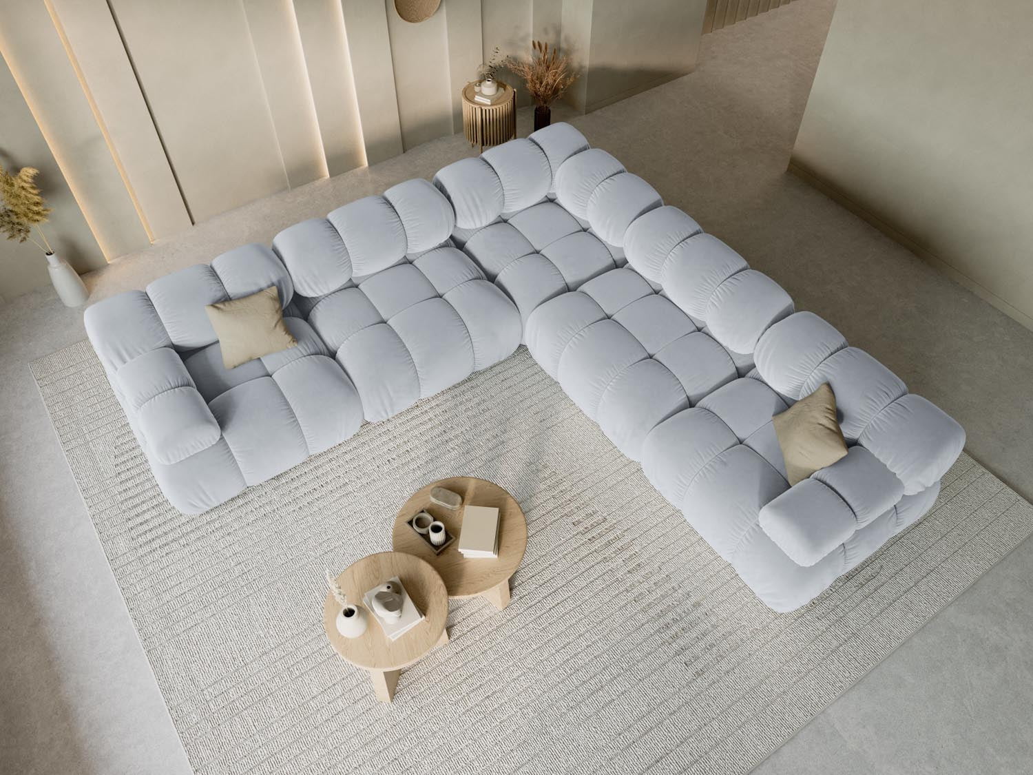 Elegantes Bellis Velour Ecksofa in sanftem Hellblau, ideal für stilvolle Wohnräume, bietet Platz für bis zu fünf Personen.