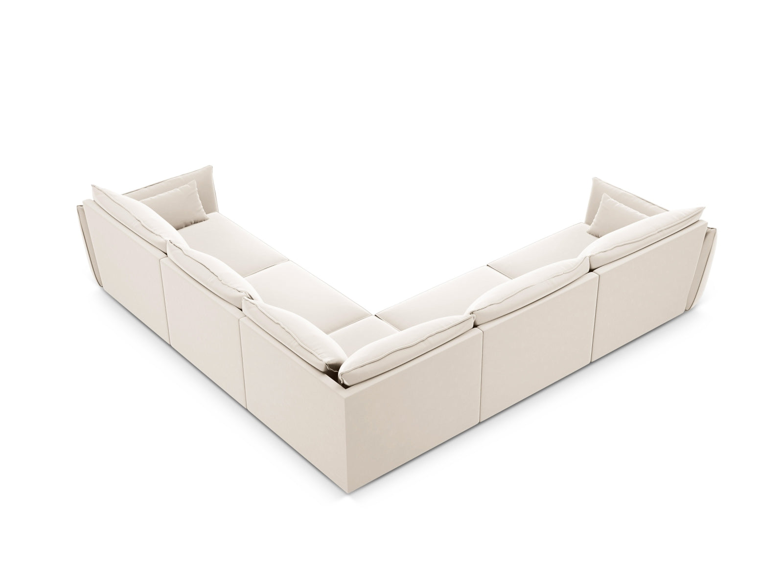 Luxuriöses Kaelle Velour Ecksofa in sanftem Beige, großzügiger 7-Sitzer, perfekt für moderne Wohnkonzepte und gemütliche Abende.