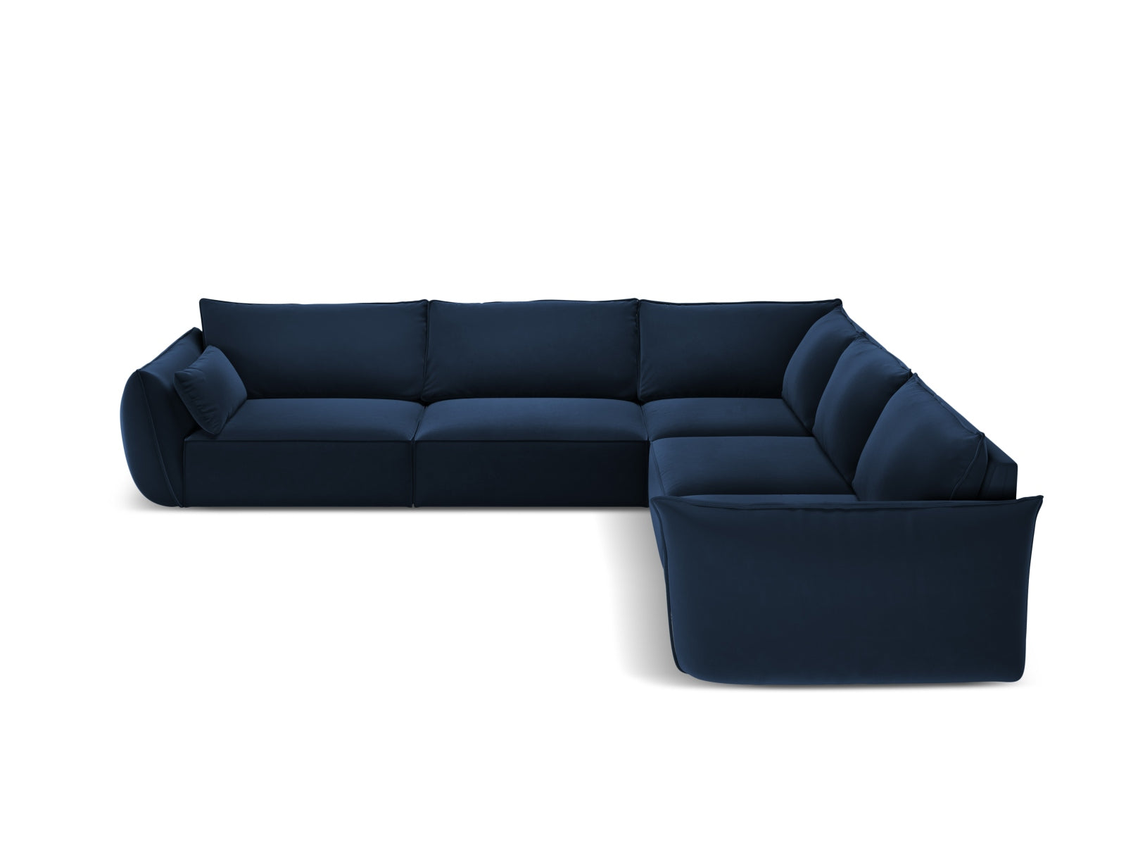 Elegantes Kaelle Velour Ecksofa in Royal Blue, 7-Sitzer mit symmetrischem Design, ideal für stilvolle Wohnräume.