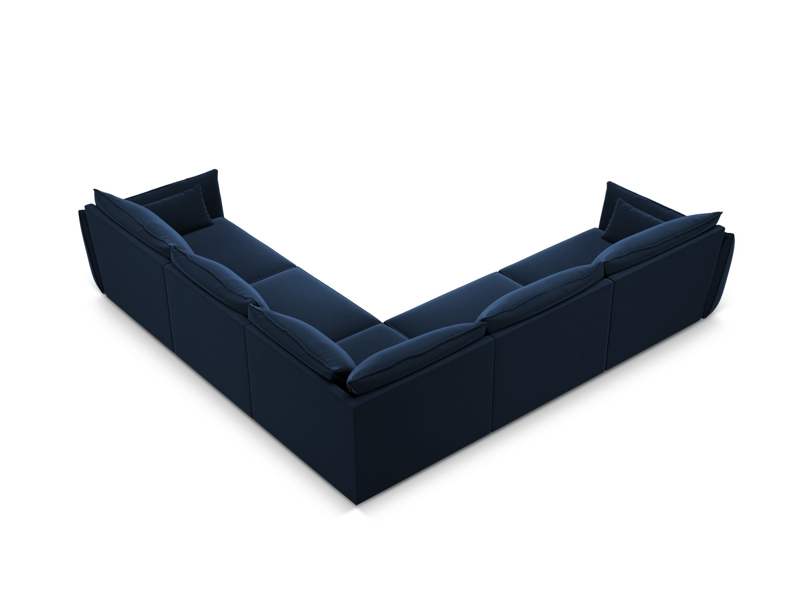 Luxuriöses 7-Sitzer Ecksofa Kaelle aus Velours in Royalblau, symmetrische Form für moderne und elegante Wohnambiente.