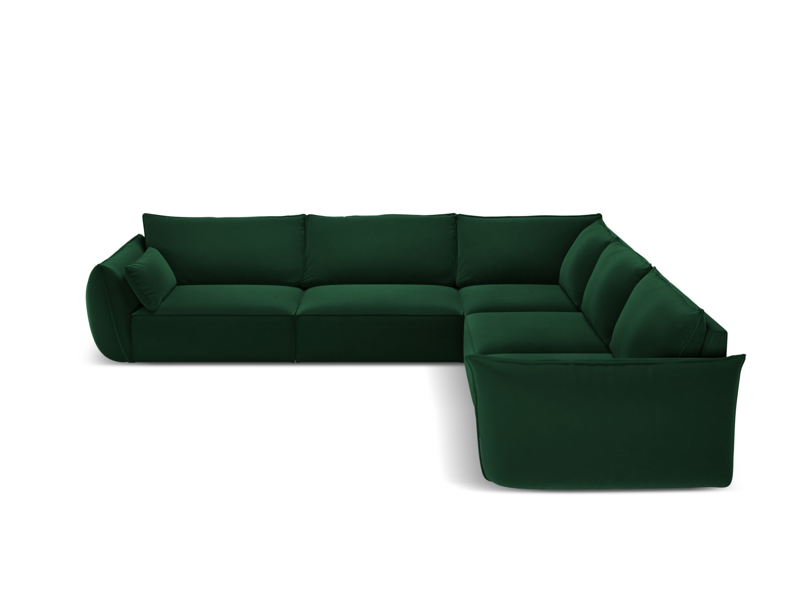 Elegantes Kaelle Velour Ecksofa in Flaschengrün, 7-Sitzer, ideal für stilvolle Wohnräume, präsentiert von Micadoni.