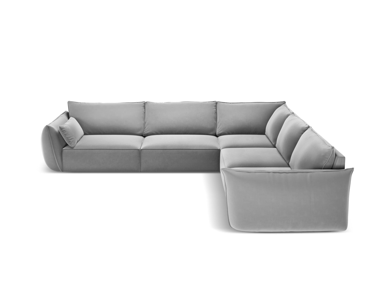 Elegantes Kaelle Velour Ecksofa in Grau-Blau, 7-Sitzer, ideal für stilvolle Wohnräume, präsentiert von Micadoni.