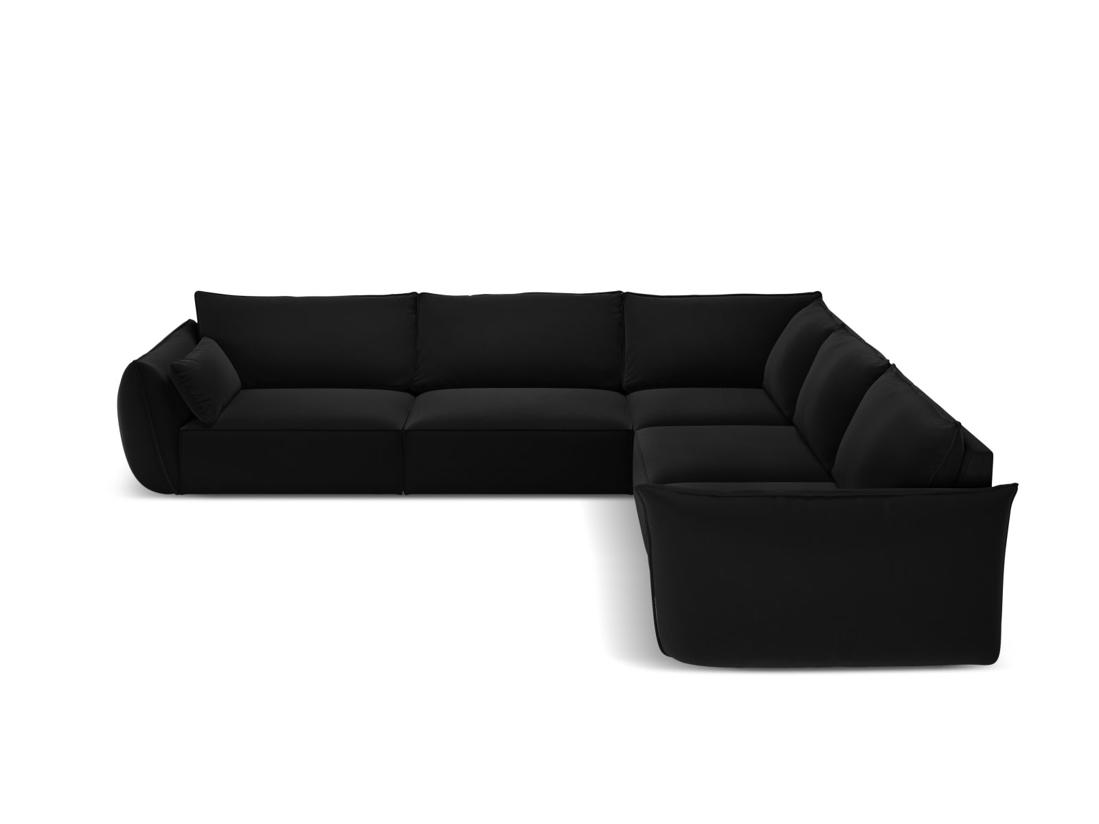 Elegantes Kaelle Velour Ecksofa in symmetrischer Form, 7-Sitzer in stilvollem Black-Bluvel, ideal für moderne Wohnräume.