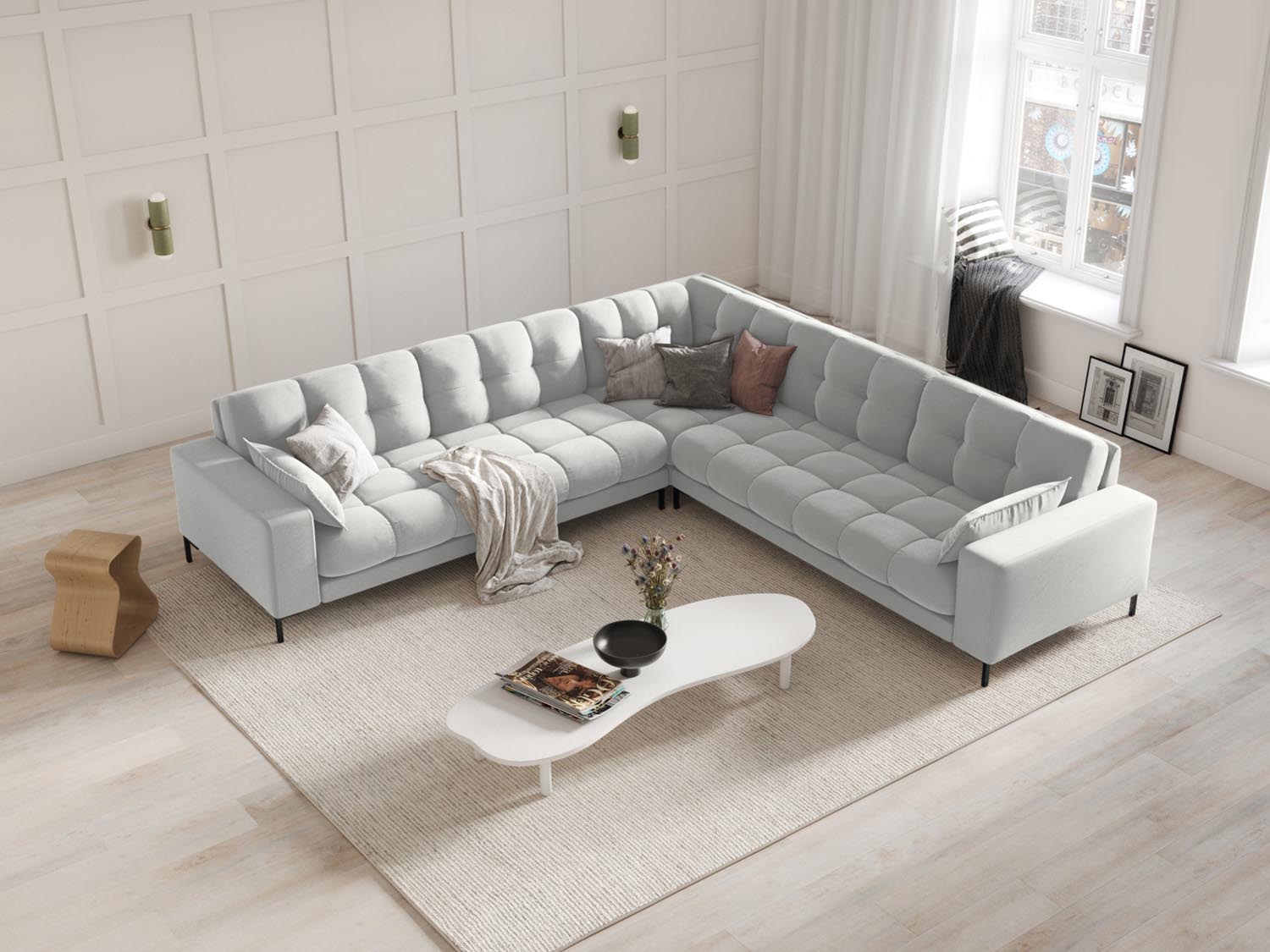 Elegantes Mamaia Velour Ecksofa in Silber und Schwarz, ideal für stilvolle Wohnräume. 6-Sitzer mit symmetrischem Design von Micadoni.