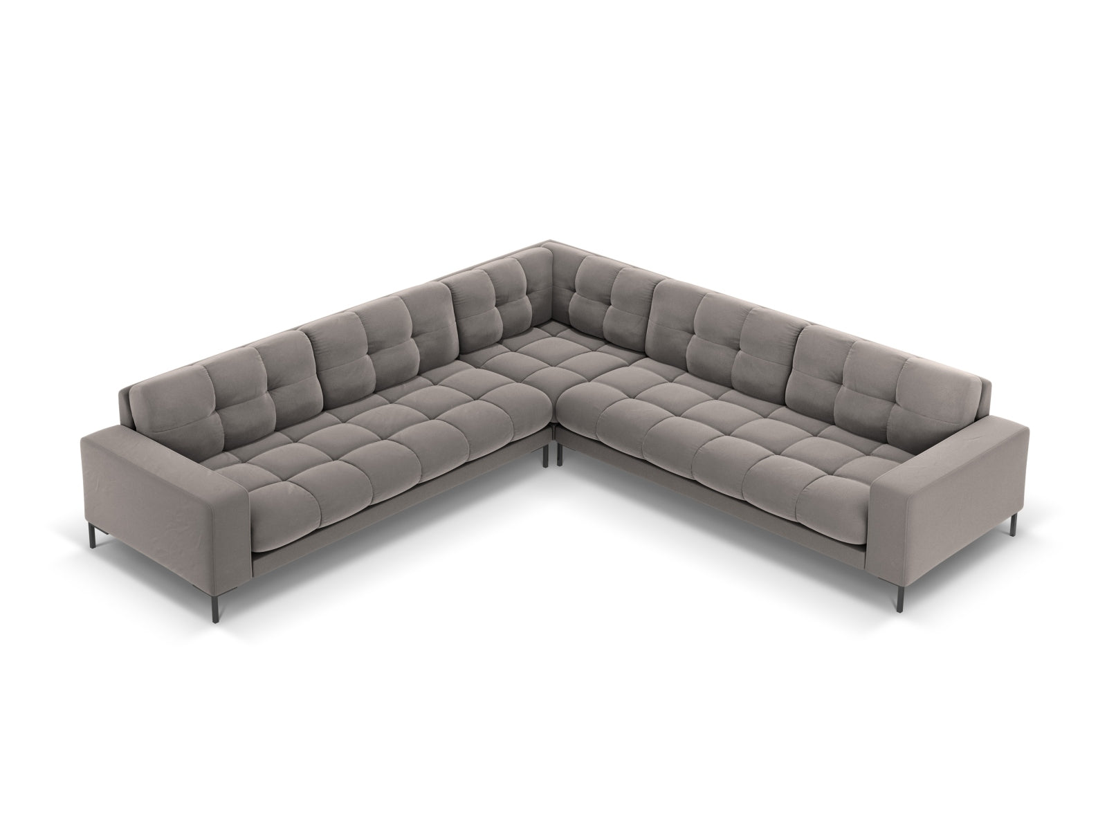 Modernes 6-Sitzer Ecksofa Mamaia aus Velours, symmetrisch gestaltet, perfekt für gemütliche und elegante Wohnambiente in dezenten Grautönen.