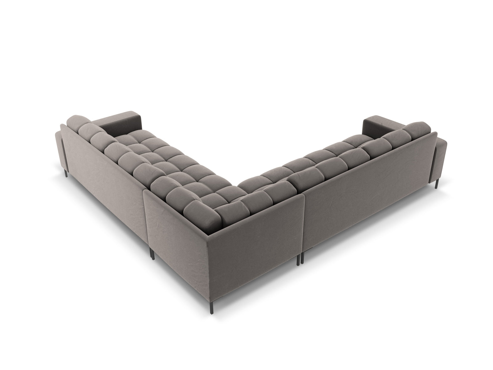 Elegantes symmetrisches Ecksofa Mamaia für 6 Personen, aus weichem Velours in stilvollem Grau, ideal für stilvolle Wohnräume.