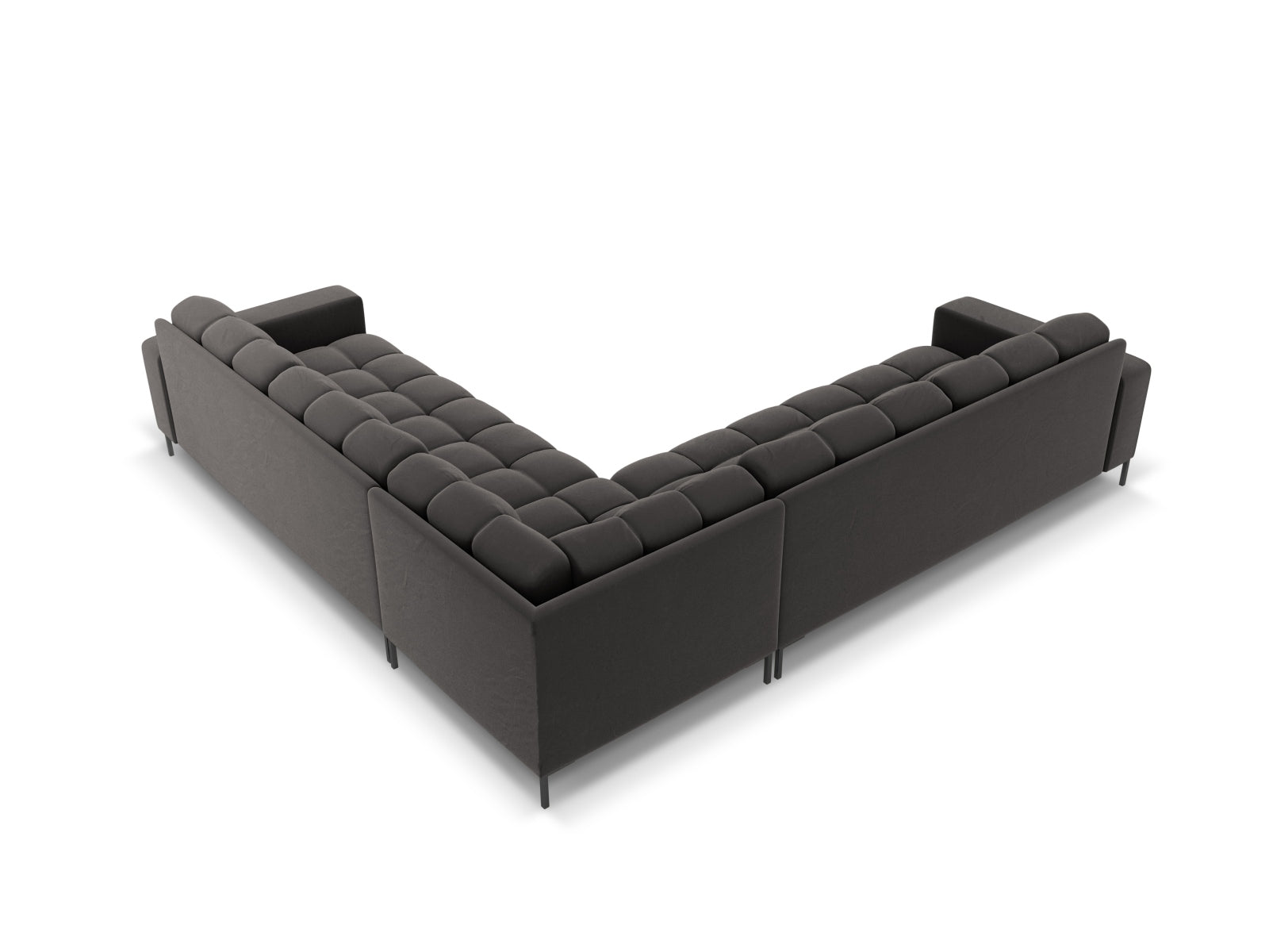 Elegantes symmetrisches Ecksofa Mamaia aus Velours für 6 Personen, in stilvollem Dunkelgrau und Schwarz-Bluvel, ideal für zeitgemäße Wohnräume.