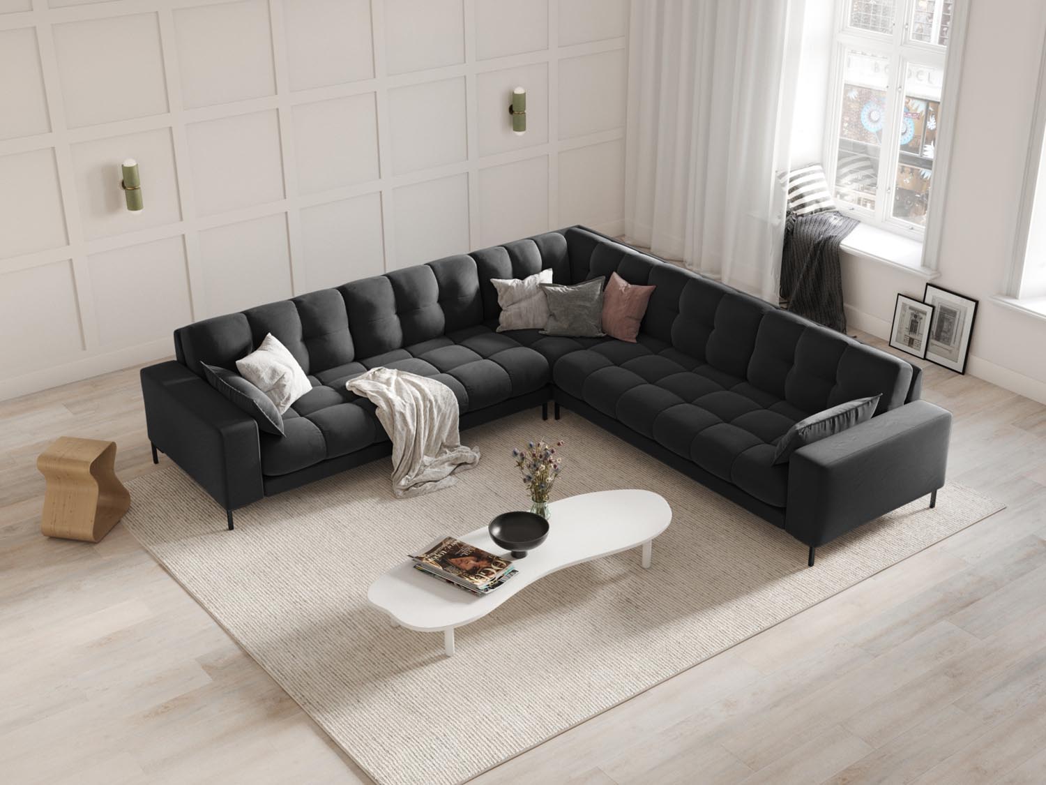 Elegantes Mamaia Velour Ecksofa in symmetrischem Design, ideal für stilvolle Wohnräume, präsentiert in dunklem Grau und Schwarz-Bluvel.