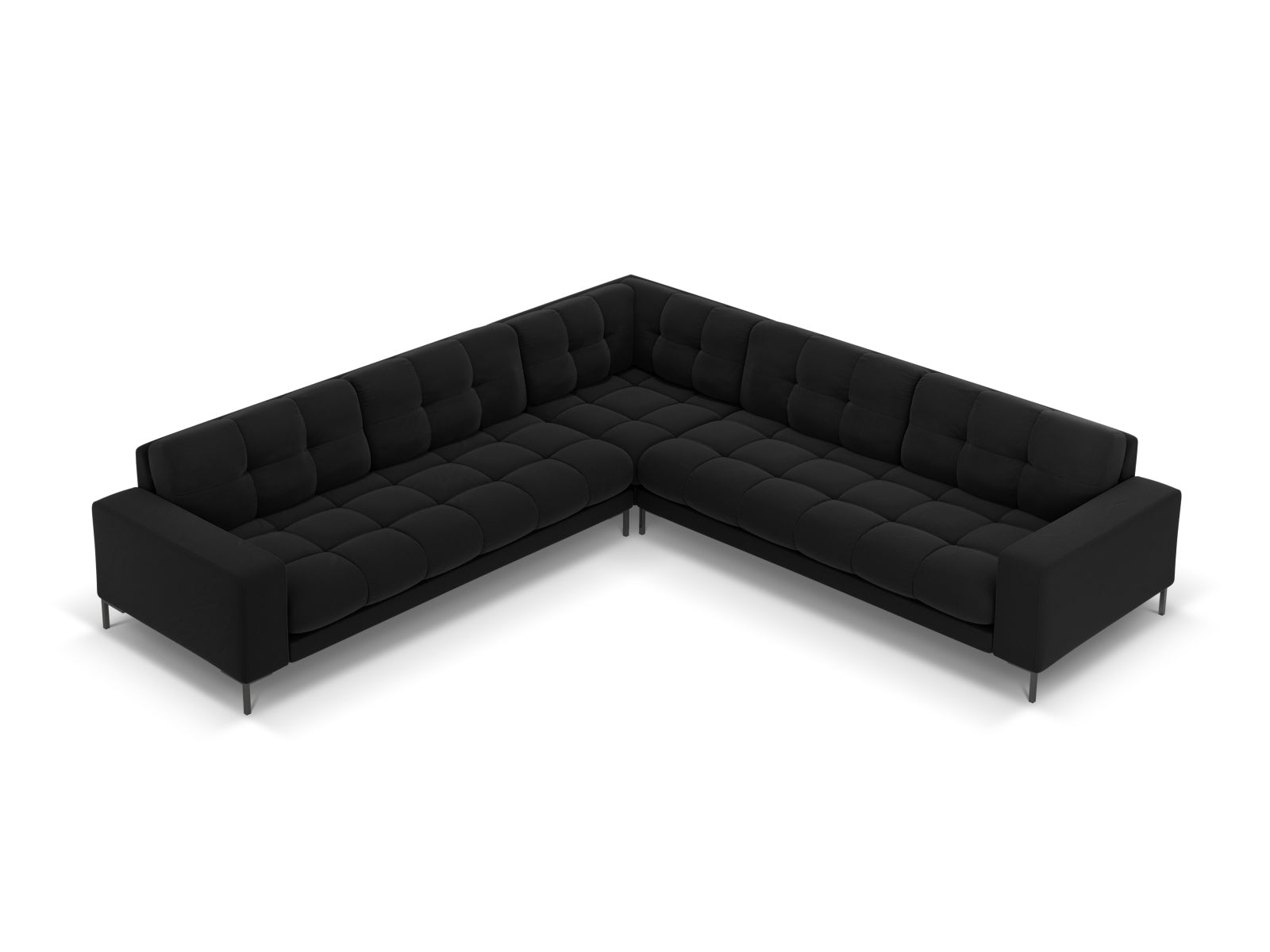 Modernes Mamaia Velour Ecksofa in edlem Schwarz, perfekt für gesellige Abende. Geräumiges 6-Sitzer Modell von Micadoni.
