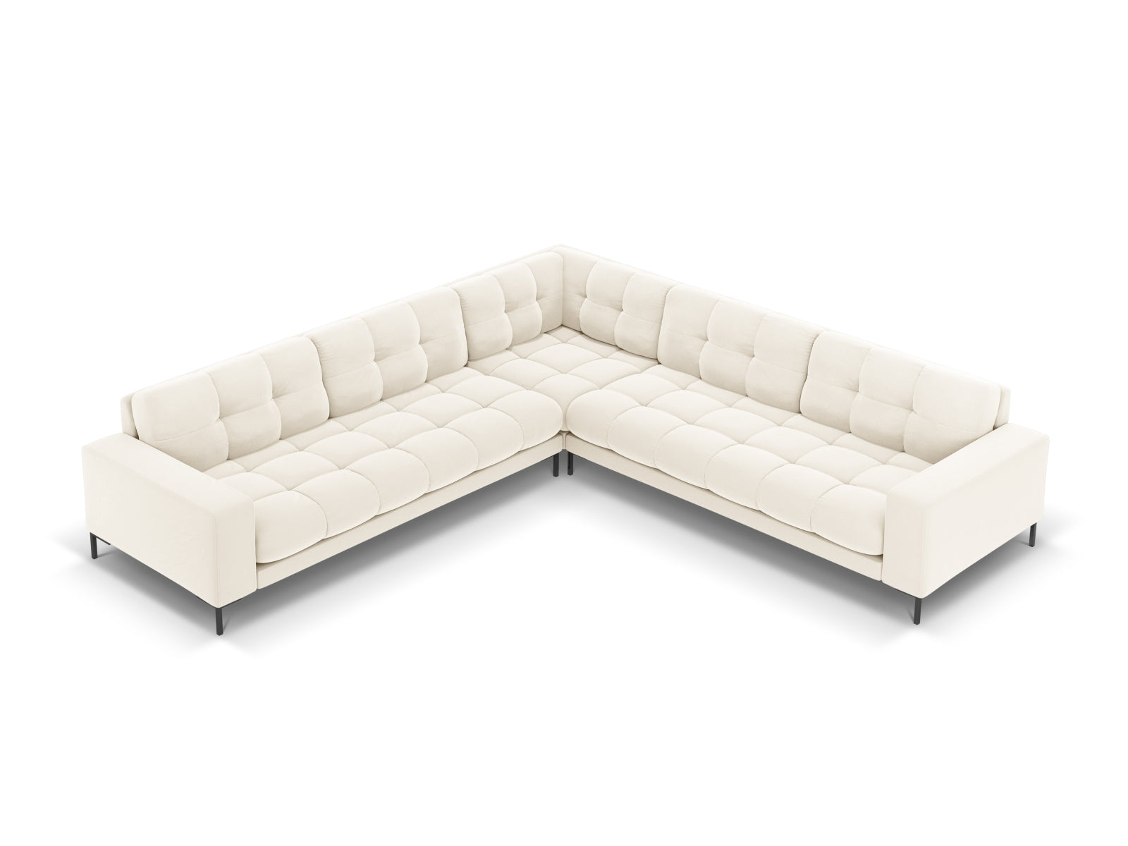 Modernes Mamaia Velour Ecksofa für 6 Personen, symmetrisches Design in sanften Beige- und Schwarznuancen, perfekt für gemütliche Wohnzimmer.