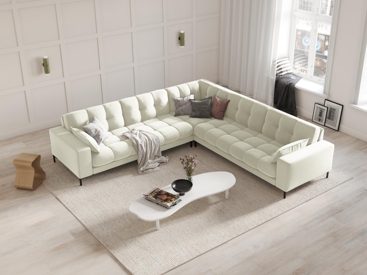 Elegantes Mamaia Velour Ecksofa in symmetrischer Form, ideal für stilvolle Wohnräume, in sanften Beige- und Schwarz-Tönen.