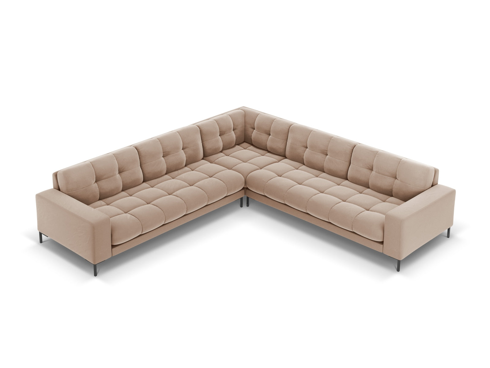 Modernes 6-Sitzer Ecksofa Mamaia aus Velours, symmetrisches Design in harmonischen Beige- und Schwarznuancen, perfekt für gemütliche Wohnzimmer.